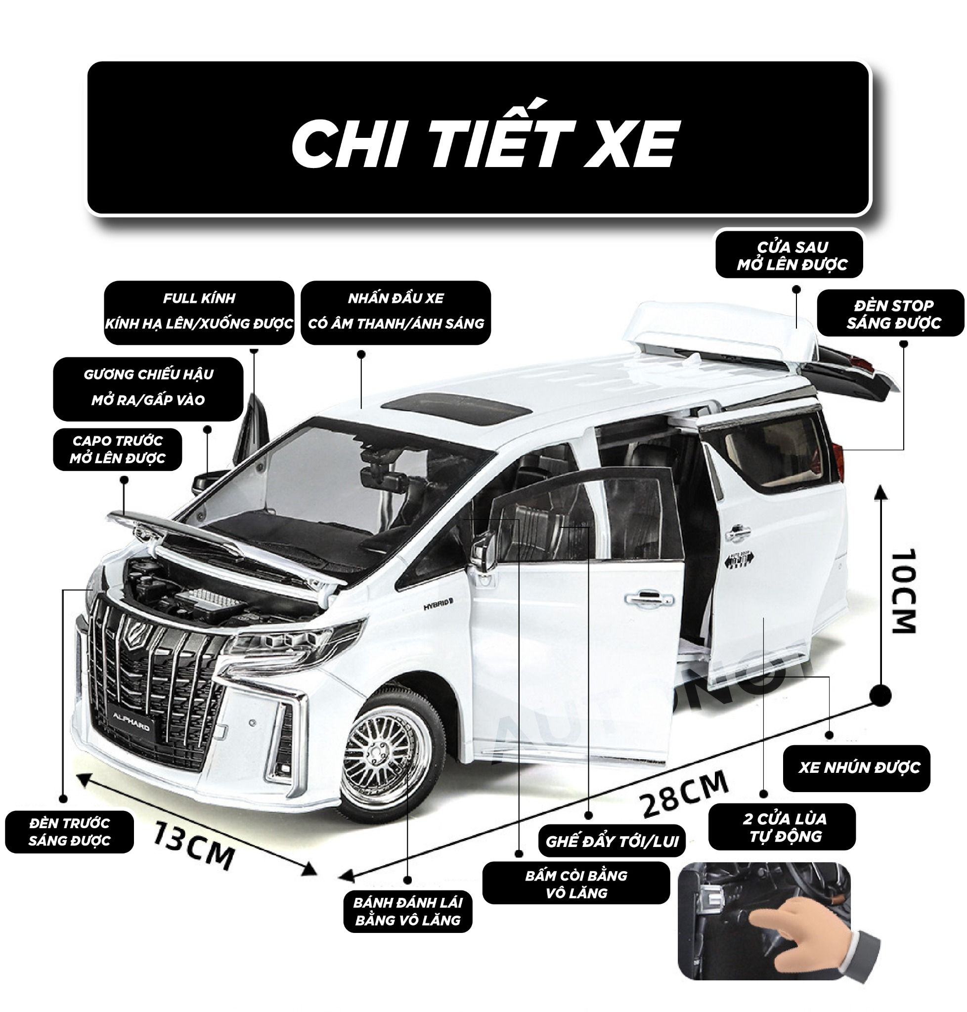 Mô hình xe Toyota Alphard 2023 full open - âm thanh - đèn cửa tự động mở tỉ lệ 1:18 Alloy model OT377