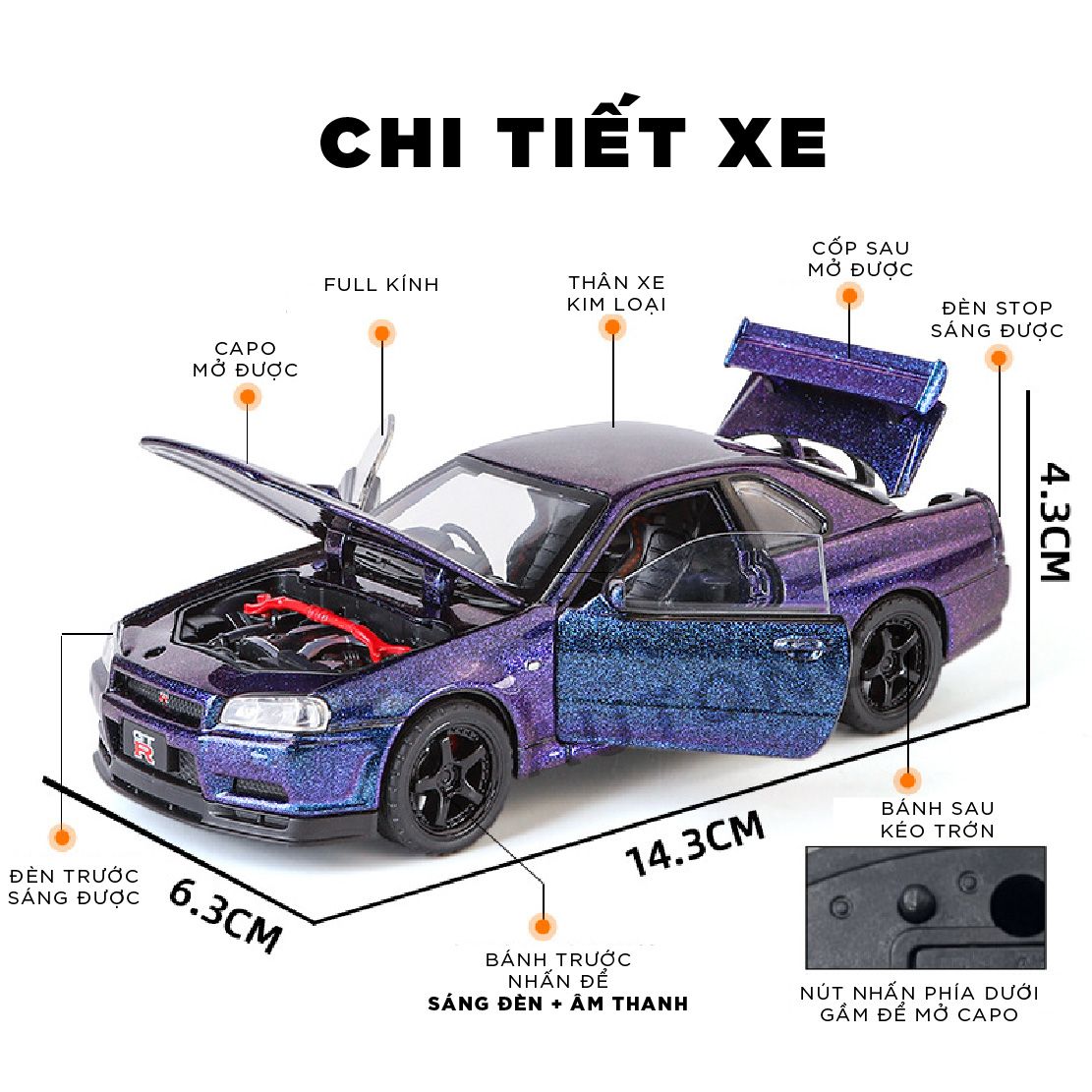 Mô hình xe ô tô Nissan GT-R R34 Fast & Furious full open - full kính - có đèn - âm thanh tỉ lệ 1:32 Jinlifiang OT574