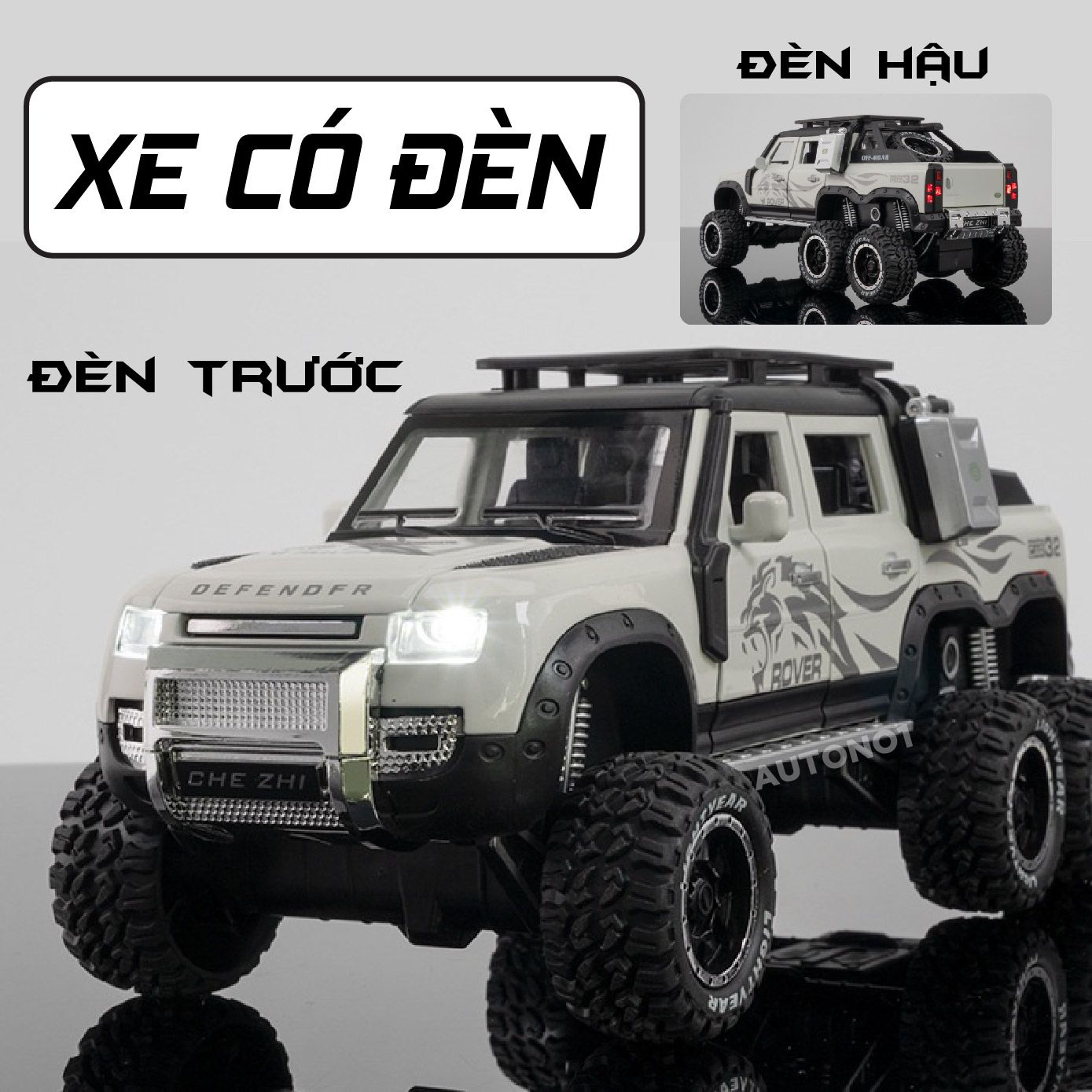 Mô hình xe Land Rover Defender 6x6 Offroad có đèn có âm thanh tỉ lệ 1:24 Chezhi OT430