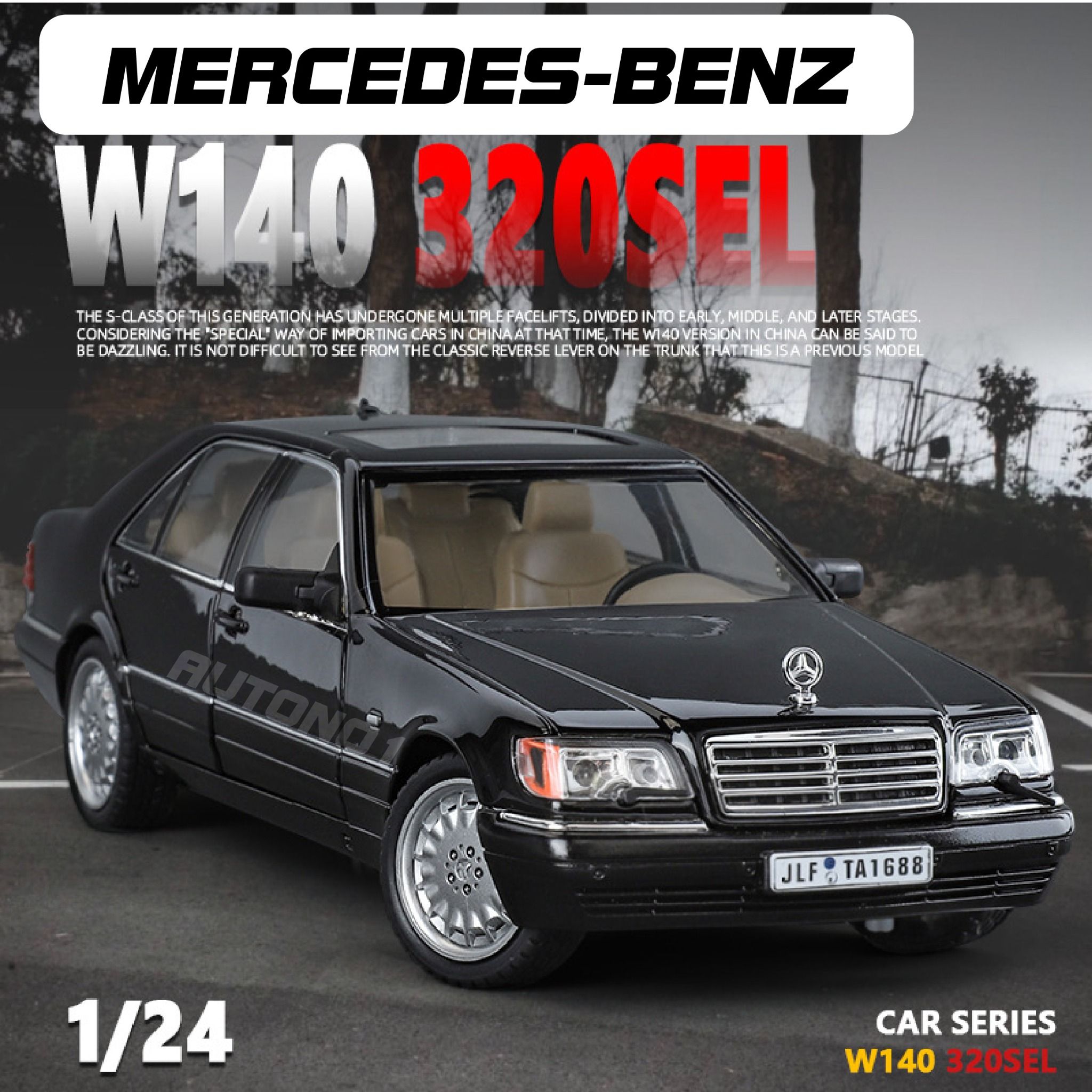Mô hình xe cổ Mercedes-Benz W140 320SEL full open - full kính - đánh lái được - có đèn và âm thanh tỉ lệ 1:24 Jinlifang OT468