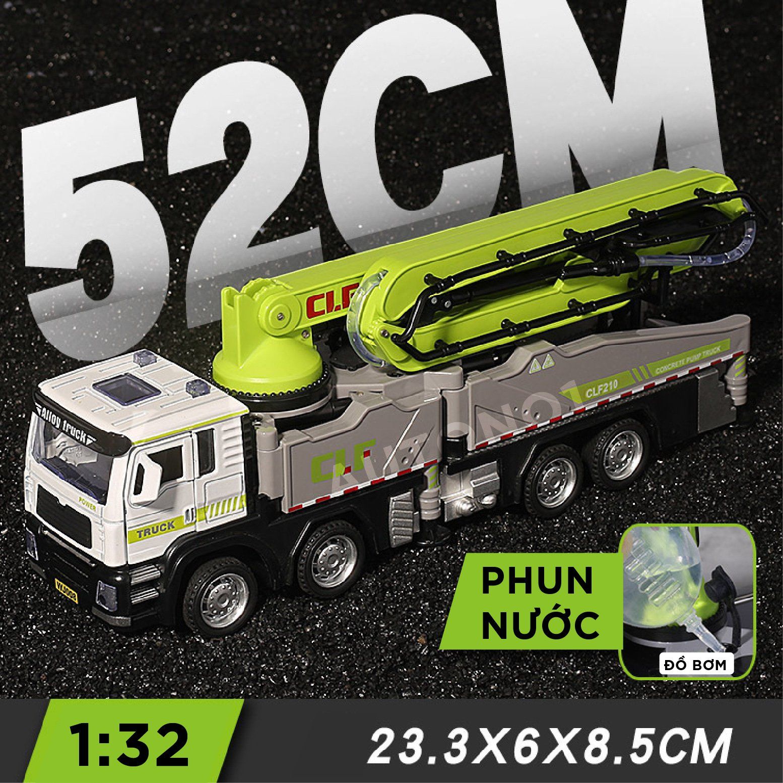 Mô hình xe công trình bơm bê tông cần bơm 52cm phun nước có đèn - âm thanh tỉ lệ 1:32 Alloy model OT485