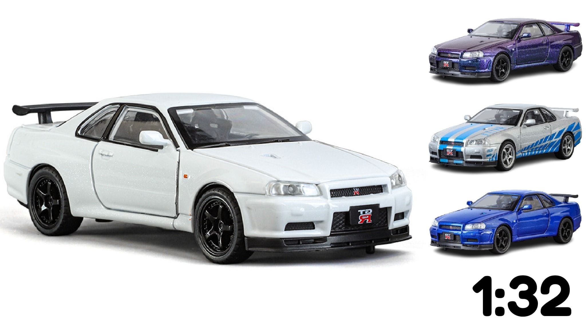 Mô hình xe ô tô Nissan GT-R R34 Fast & Furious full open - full kính - có đèn - âm thanh tỉ lệ 1:32 Jinlifiang OT574