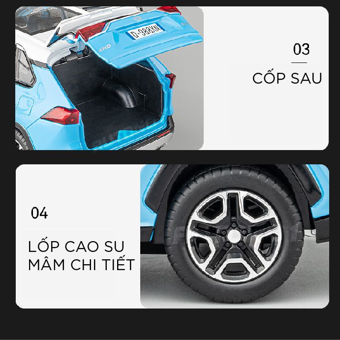 Mô hình xe ô tô Toyota RAV4 full open - full kính - có âm thanh - đèn tỉ lệ 1:22 Jiaye Model OT503
