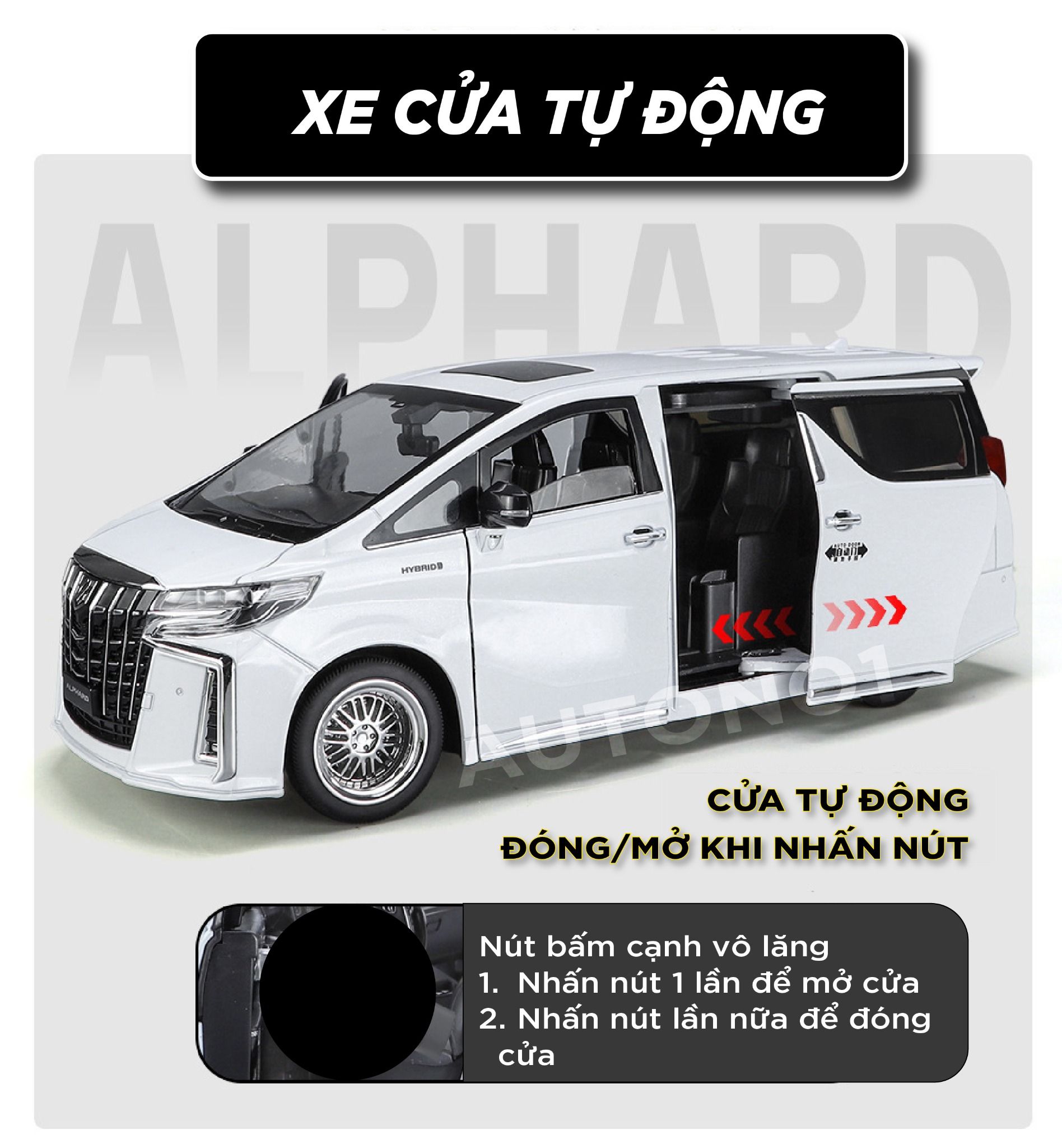 Mô hình xe Toyota Alphard 2023 full open - âm thanh - đèn cửa tự động mở tỉ lệ 1:18 Alloy model OT377