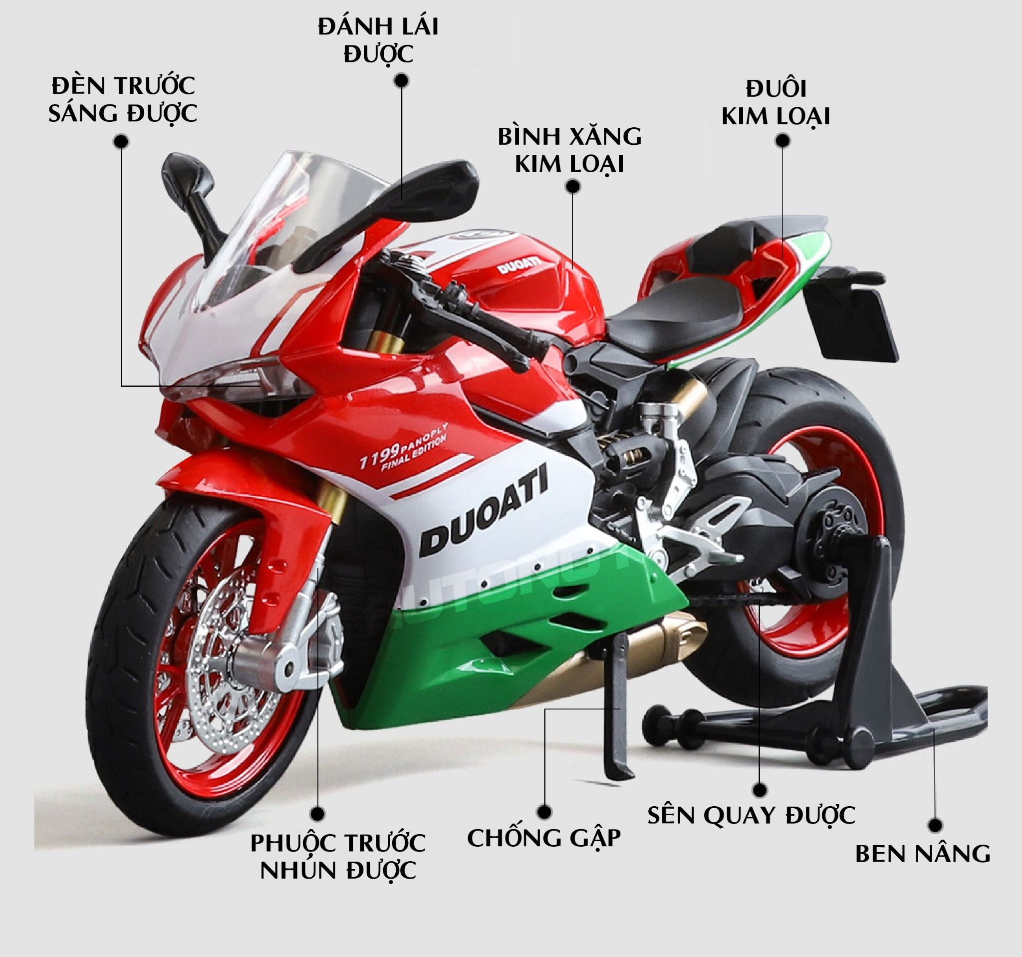 Mô hình xe mô tô Ducati Final Edition - 1199 tricolor có ben nâng - đèn - âm thanh tỉ lệ 1:12 Huayi Alloy MT088