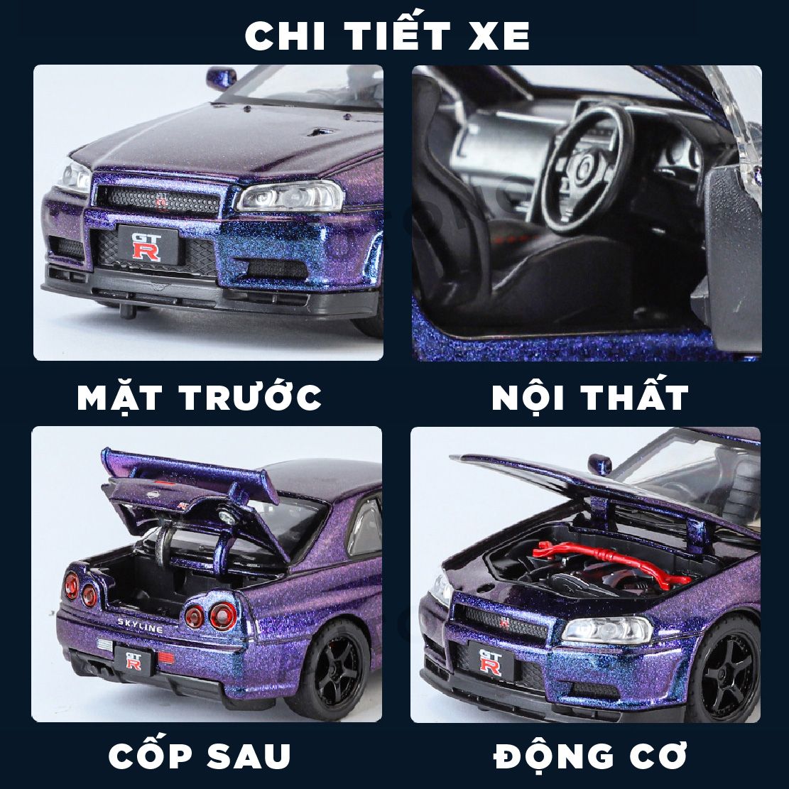 Mô hình xe ô tô Nissan GT-R R34 Fast & Furious full open - full kính - có đèn - âm thanh tỉ lệ 1:32 Jinlifiang OT574
