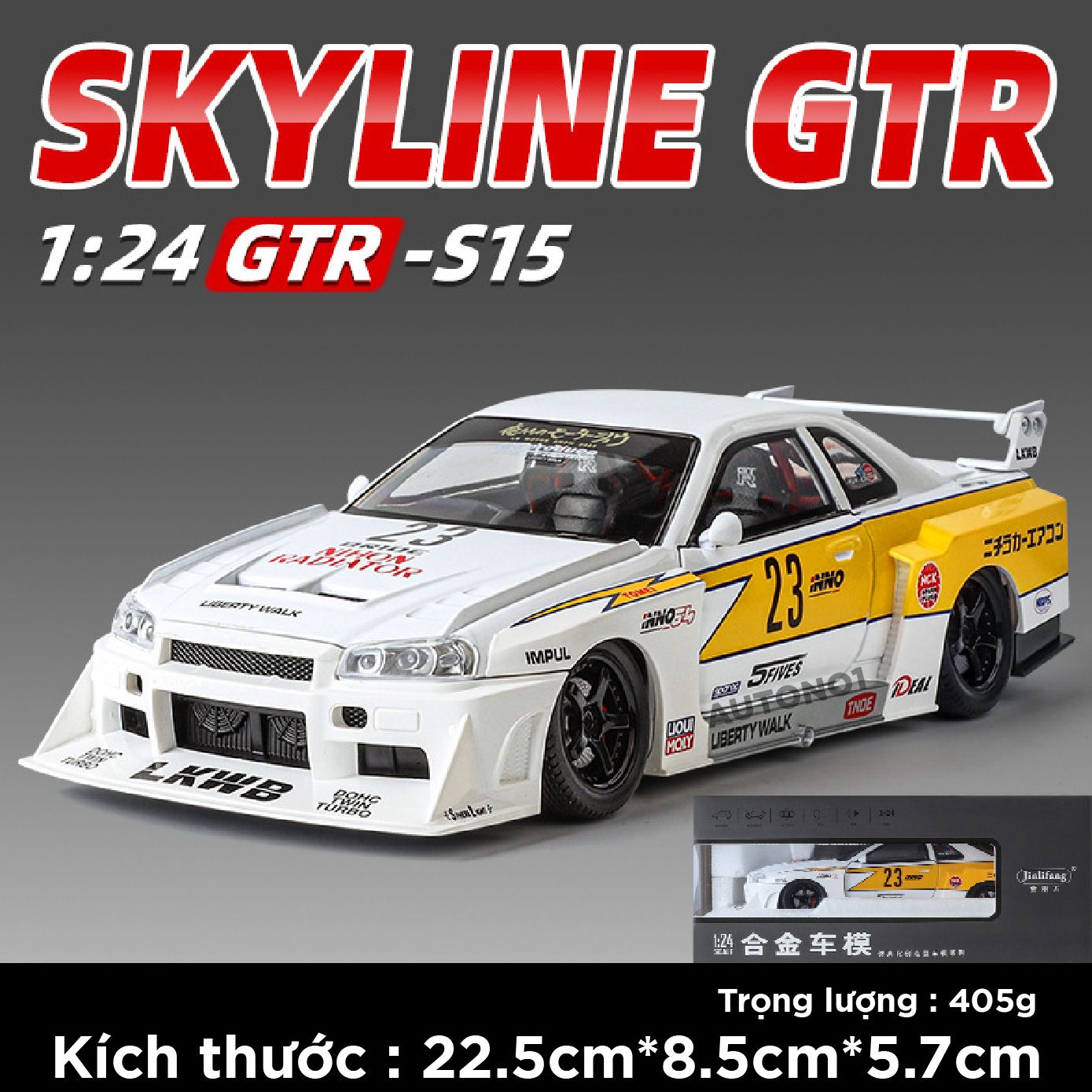Mô hình xe Nissan S15 Skyline GTR LBWK full open - đánh lái - có đèn - âm thanh tỉ lệ 1:24 Jinlifang OT532