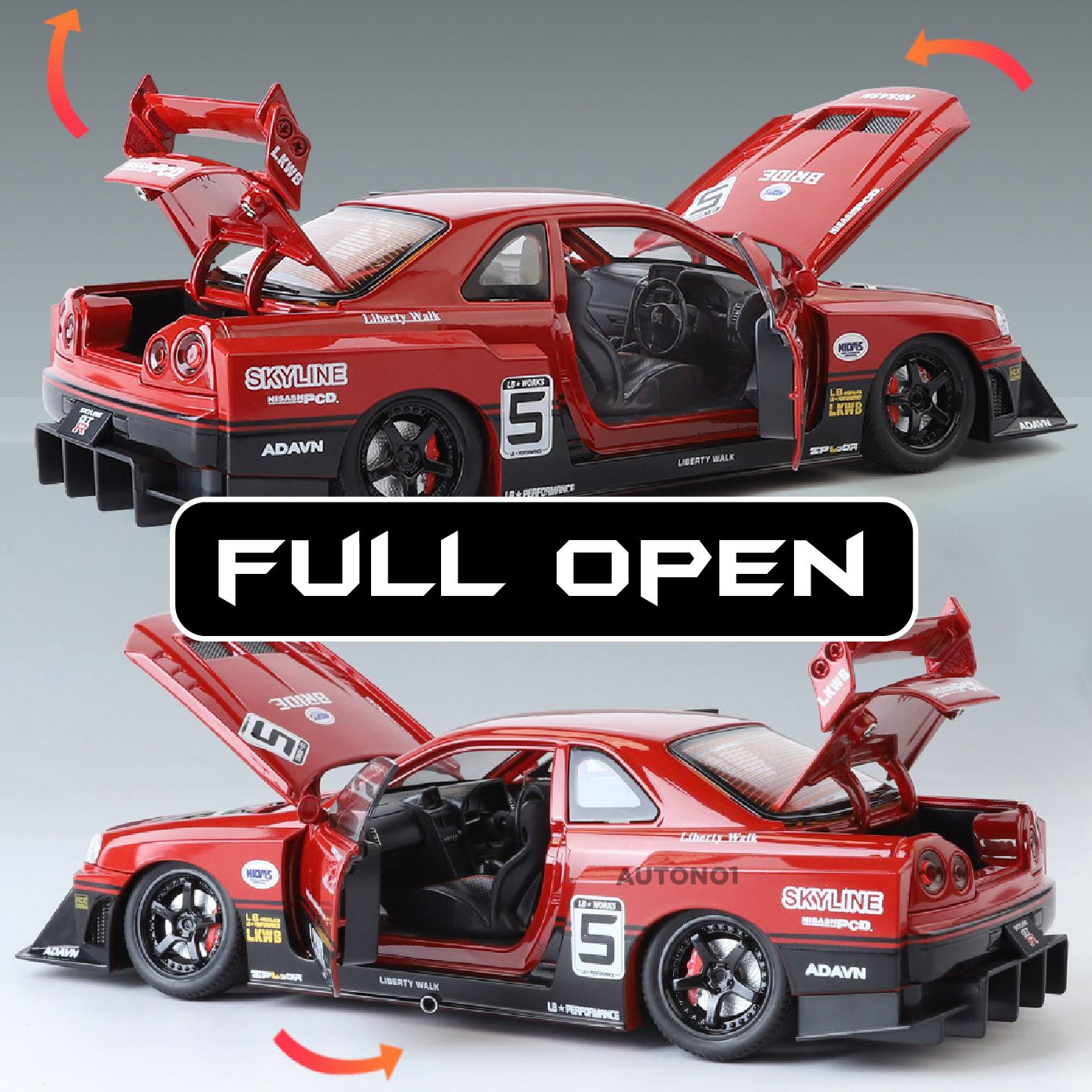 Mô hình xe Nissan S15 Skyline GTR LBWK full open - đánh lái - có đèn - âm thanh tỉ lệ 1:24 Jinlifang OT532