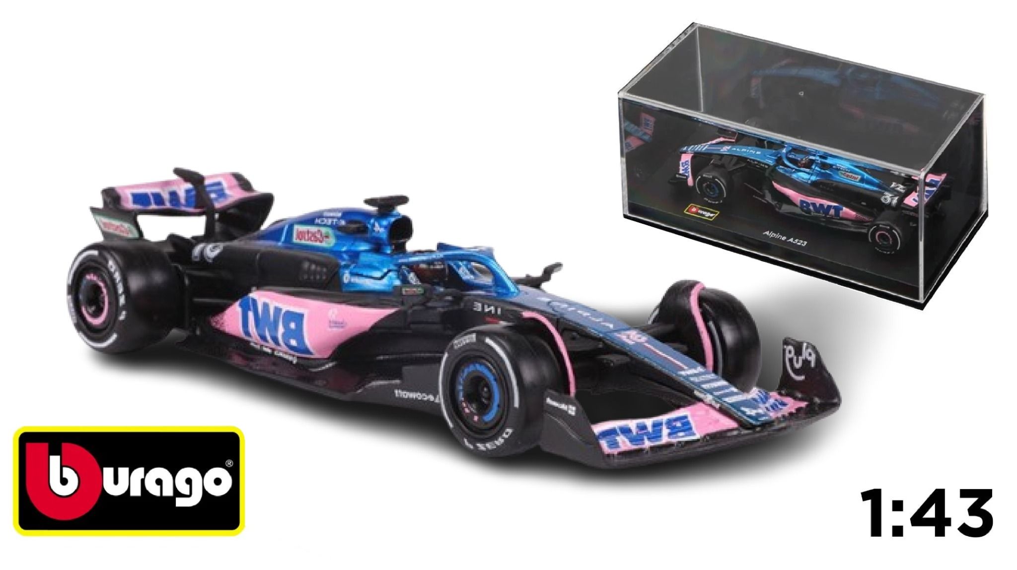Mô hình xe đua F1 Formula BWT Alpine 2023 hộp mica có figure tỉ lệ 1:43 Bburago OT325