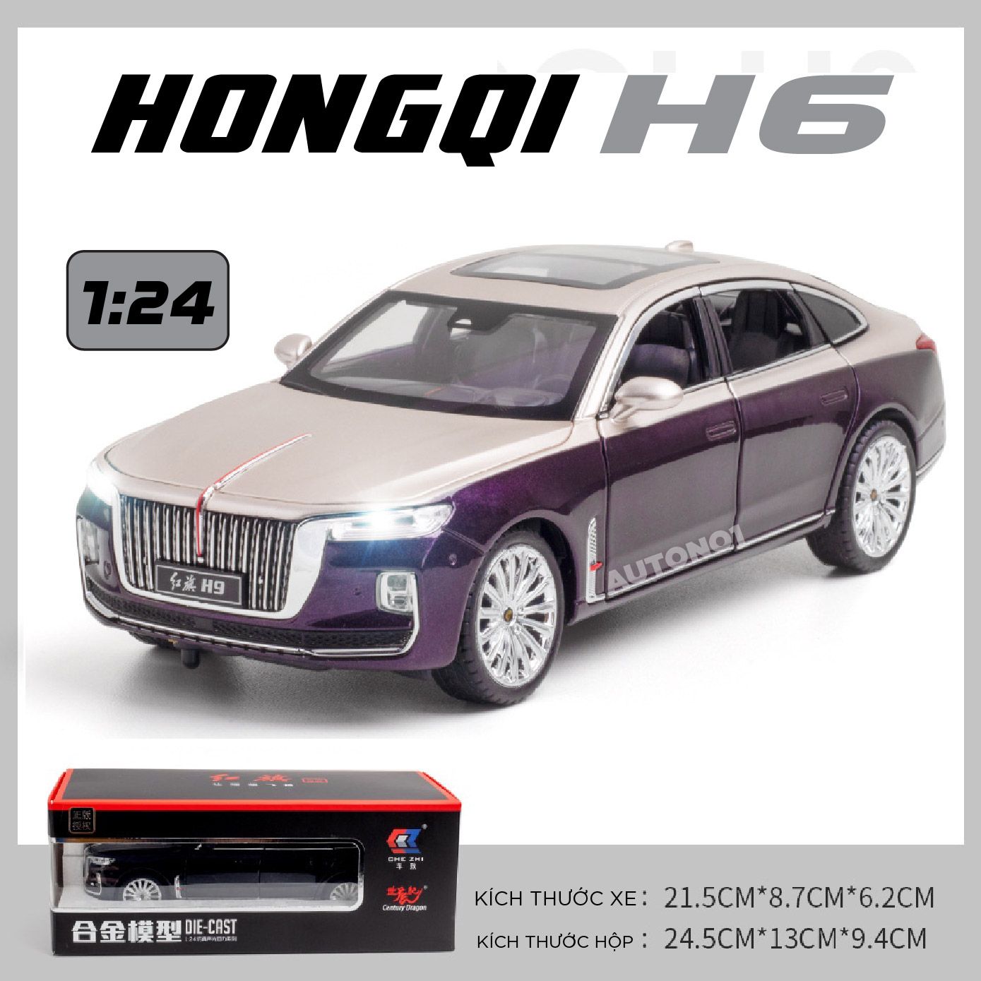  Mô hình xe Hongqi\Hồng Kỳ H9 full open có đèn có âm thanh tỉ lệ 1:24 Chezhi OT436 