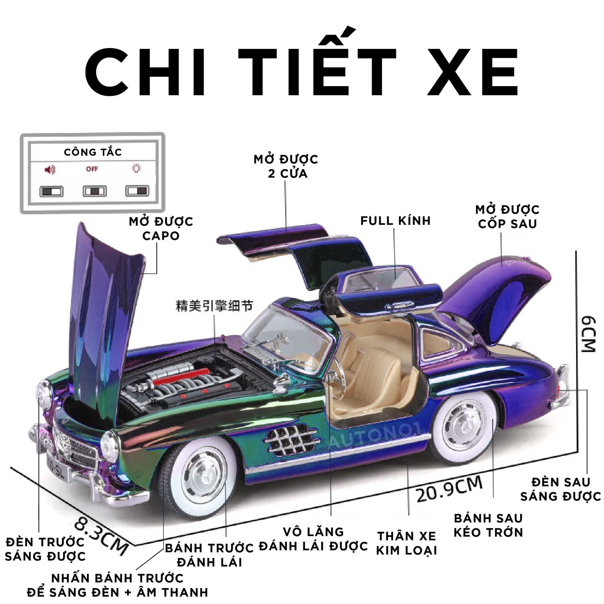 Mô hình xe Mercedes - Benz 300SL full open - có âm thanh - đèn - đánh lái tỉ lệ 1:24 Jinlifiang OT24023