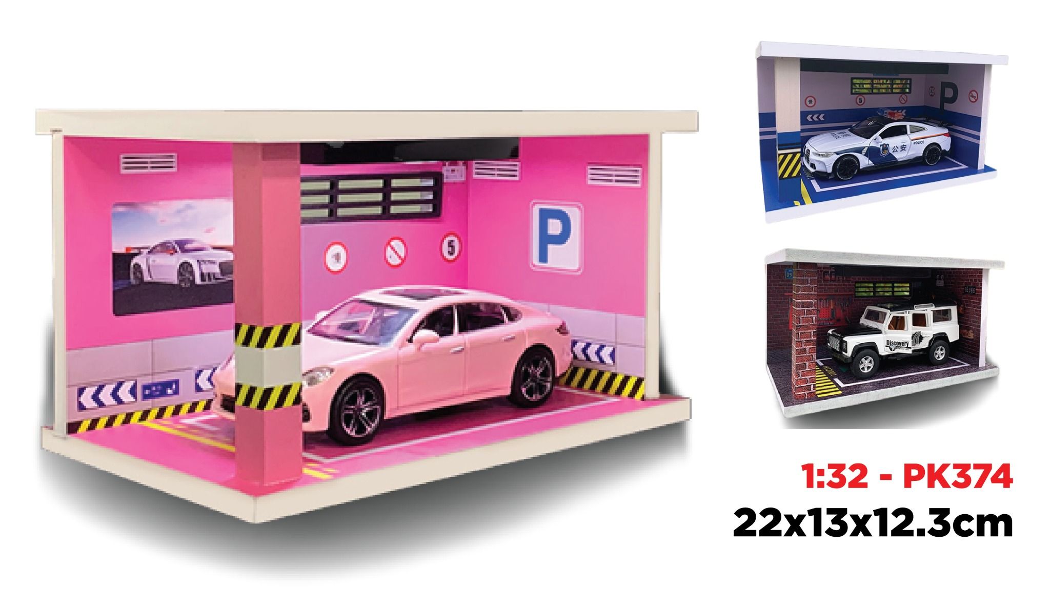 Hộp trưng bày PVC bãi đỗ 1 xe tỉ lệ 1:32 có đèn - không mica 22x13x12.3cm PK374 132-1