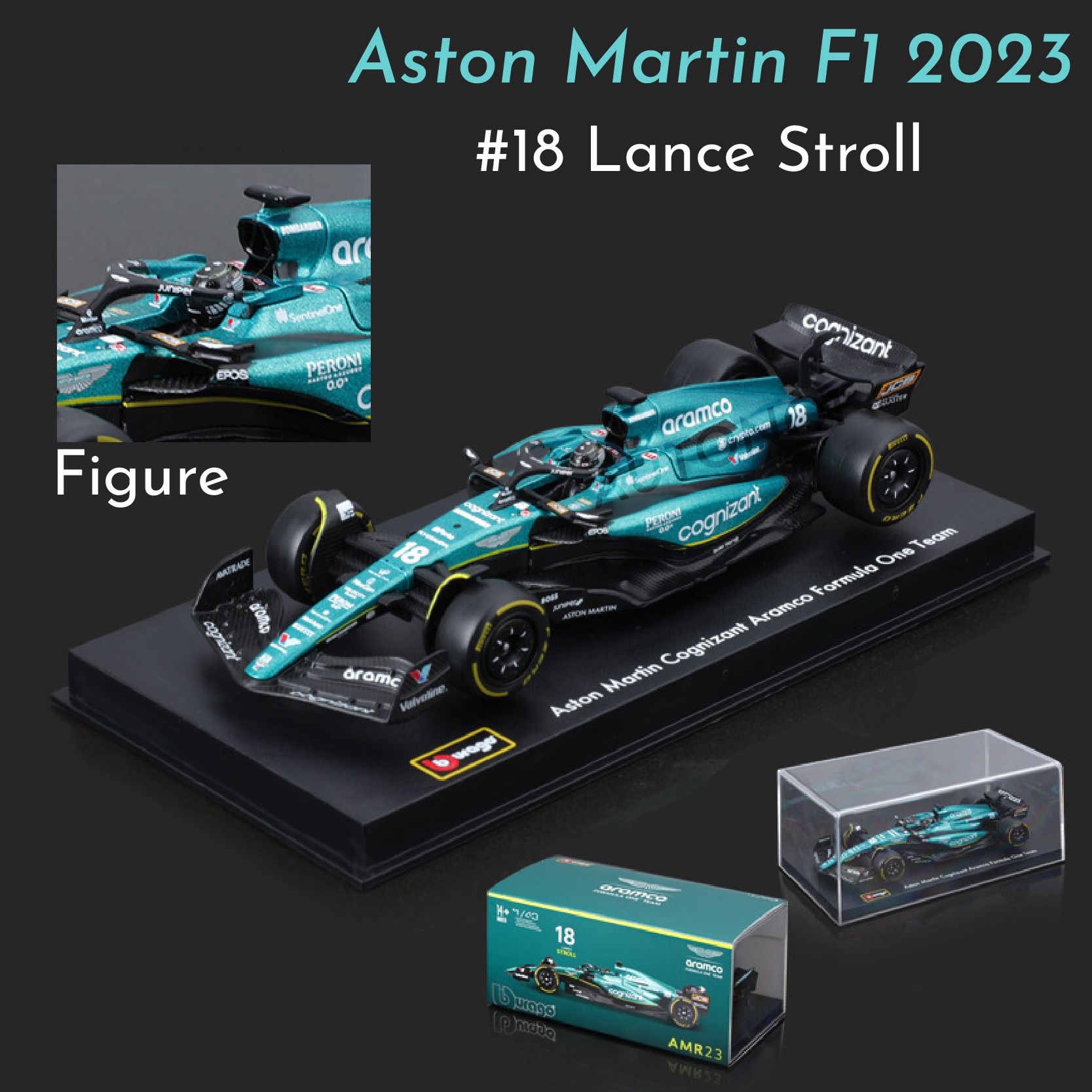 Mô hình xe đua F1 Formula Aston Martin 2023 AMR23 hộp mica có figure tỉ lệ 1:43 Bburago OT43002 18-38091