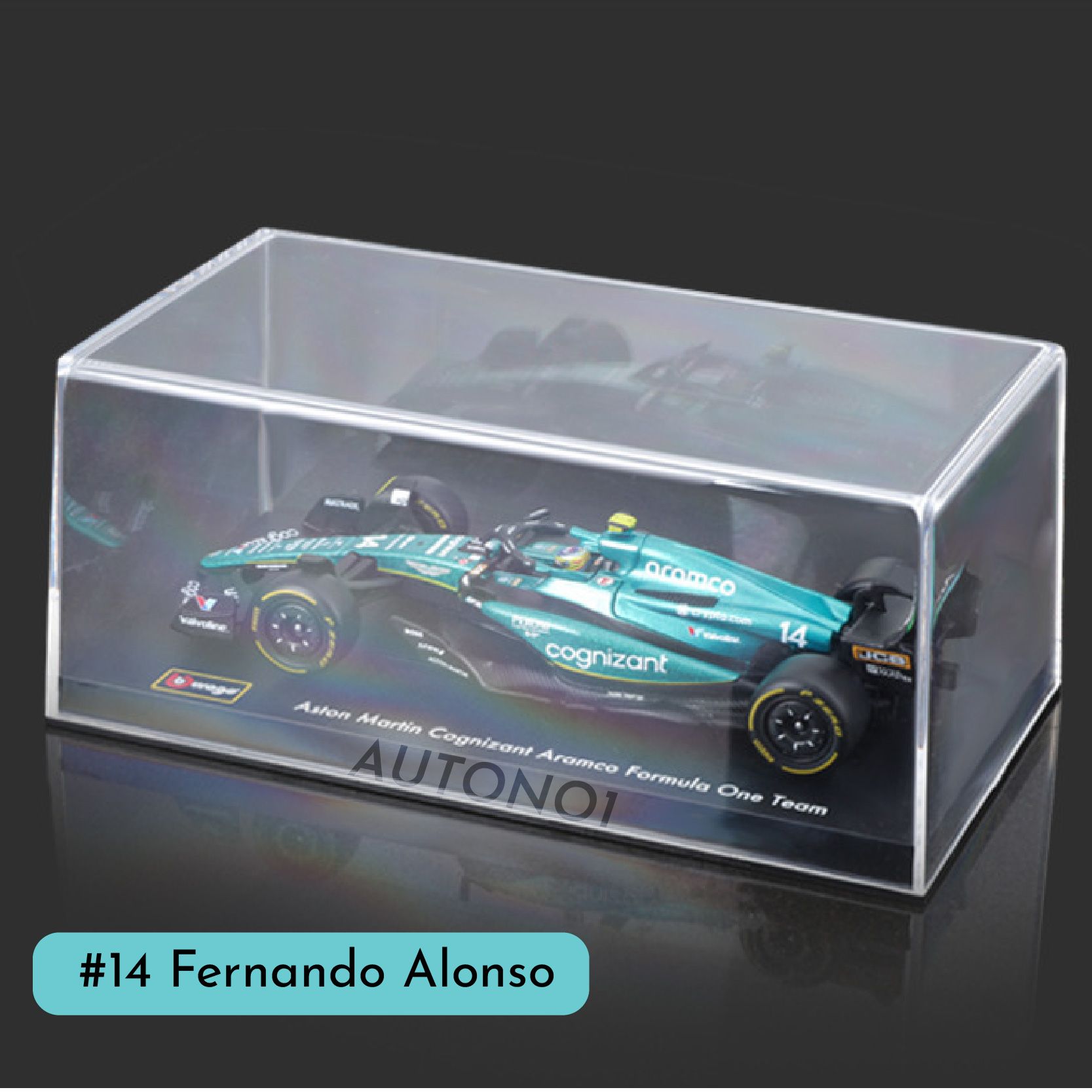 Mô hình xe đua F1 Formula Aston Martin 2023 AMR23 hộp mica có figure tỉ lệ 1:43 Bburago OT43002 18-38091
