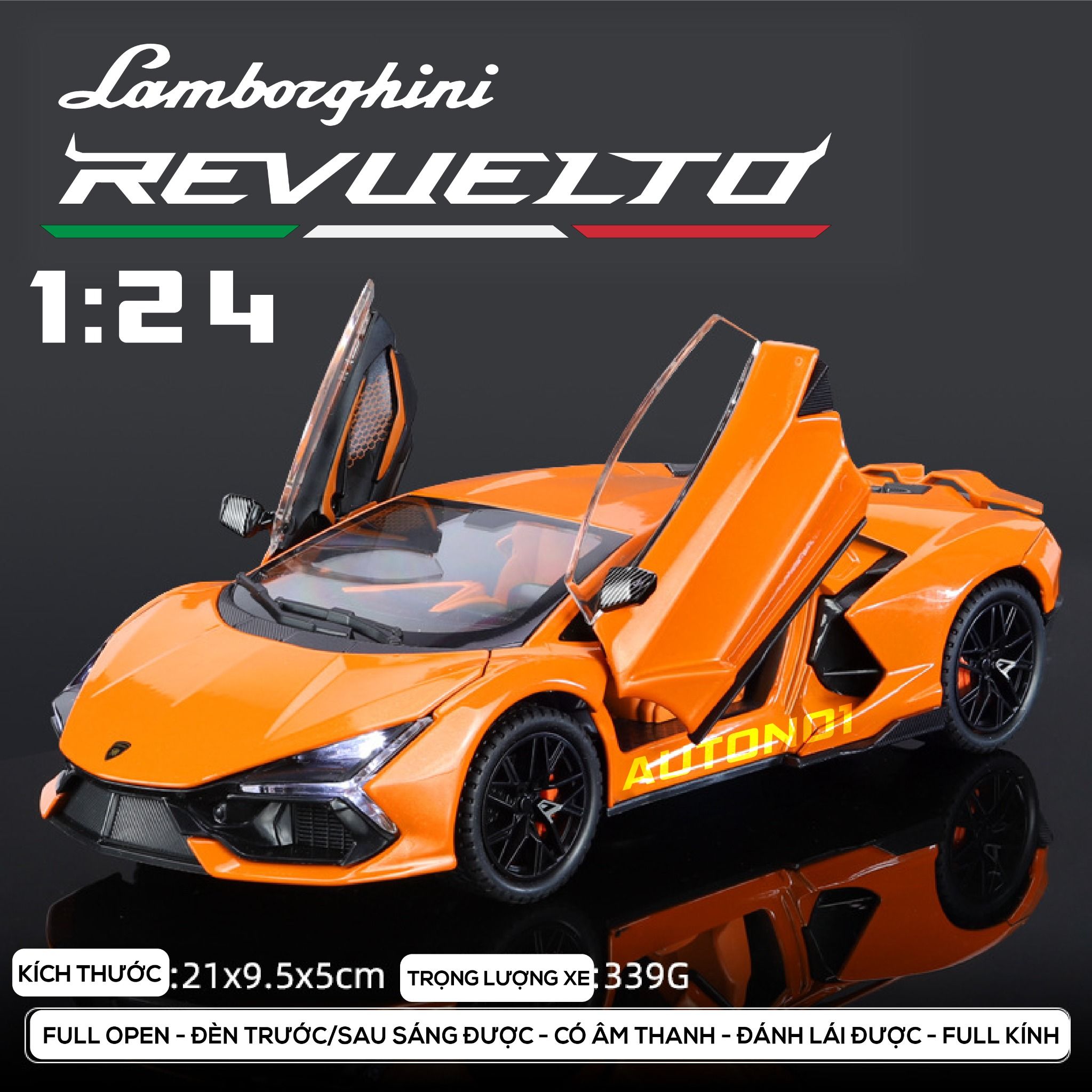 Mô hình Lamborghini Revuelto có đèn-đánh lái được-mở full cửa-full kính tỉ lệ 1:24 Alloy Model OT418