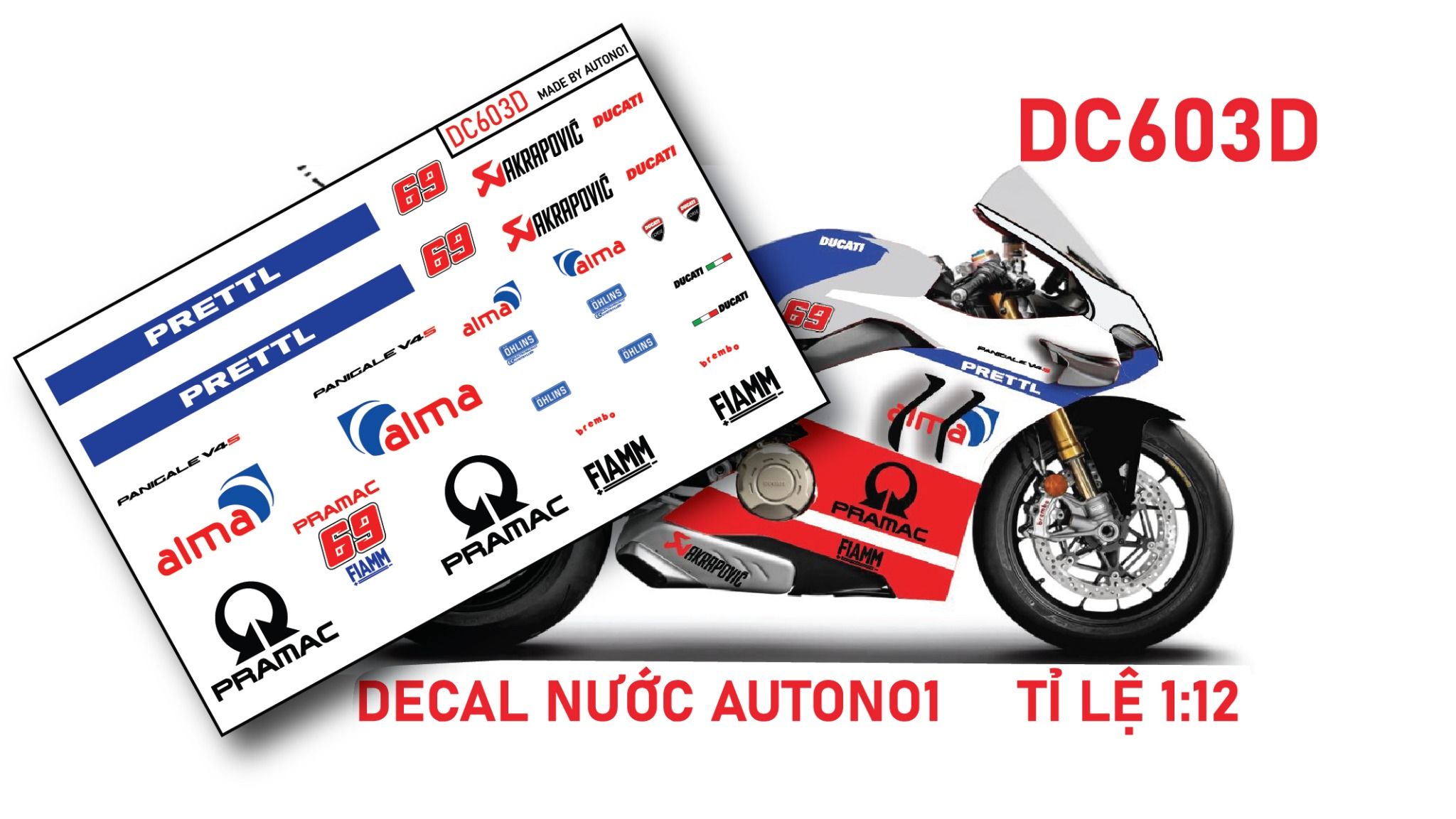  Decal nước độ Ducati Panigale V4S - Pramac Alma tỉ lệ 1:12 Autono1 DC603d 