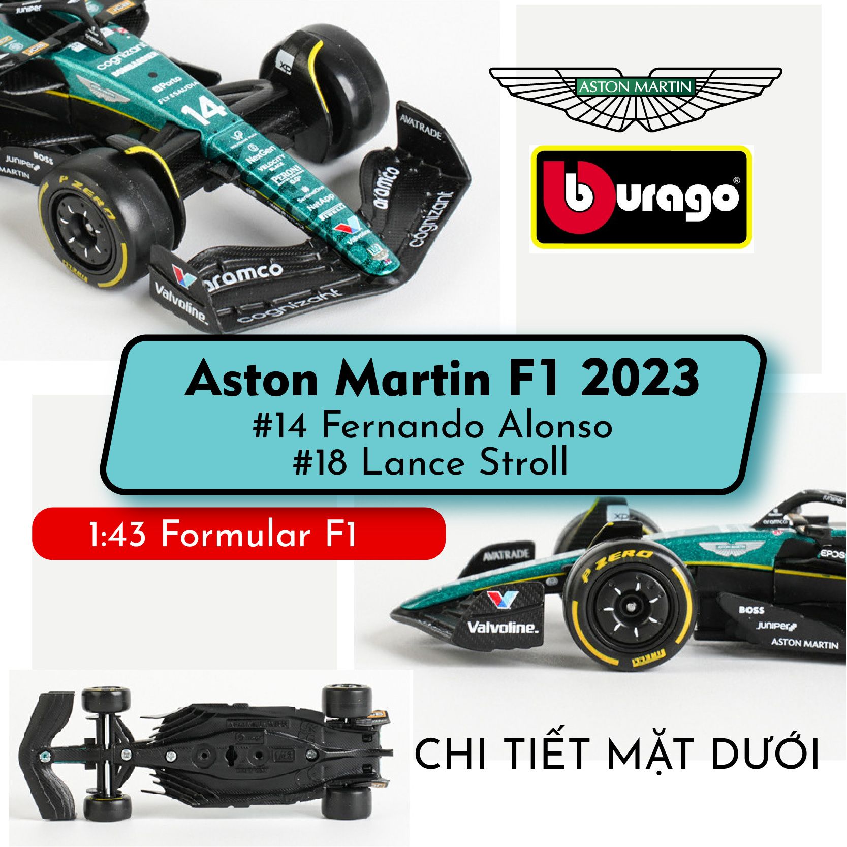 Mô hình xe đua F1 Formula Aston Martin 2023 AMR23 tỉ lệ 1:43 Bburago OT43003 18-38190