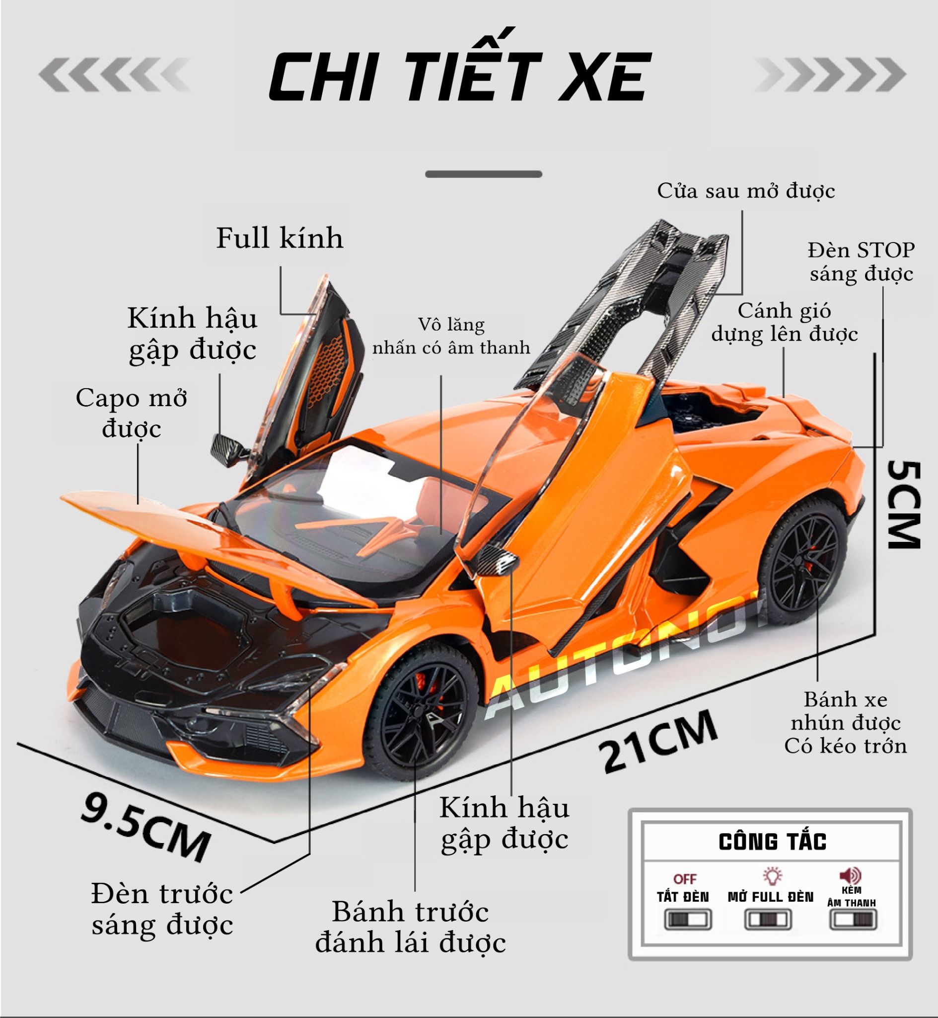 Mô hình Lamborghini Revuelto có đèn-đánh lái được-mở full cửa-full kính tỉ lệ 1:24 Alloy Model OT418