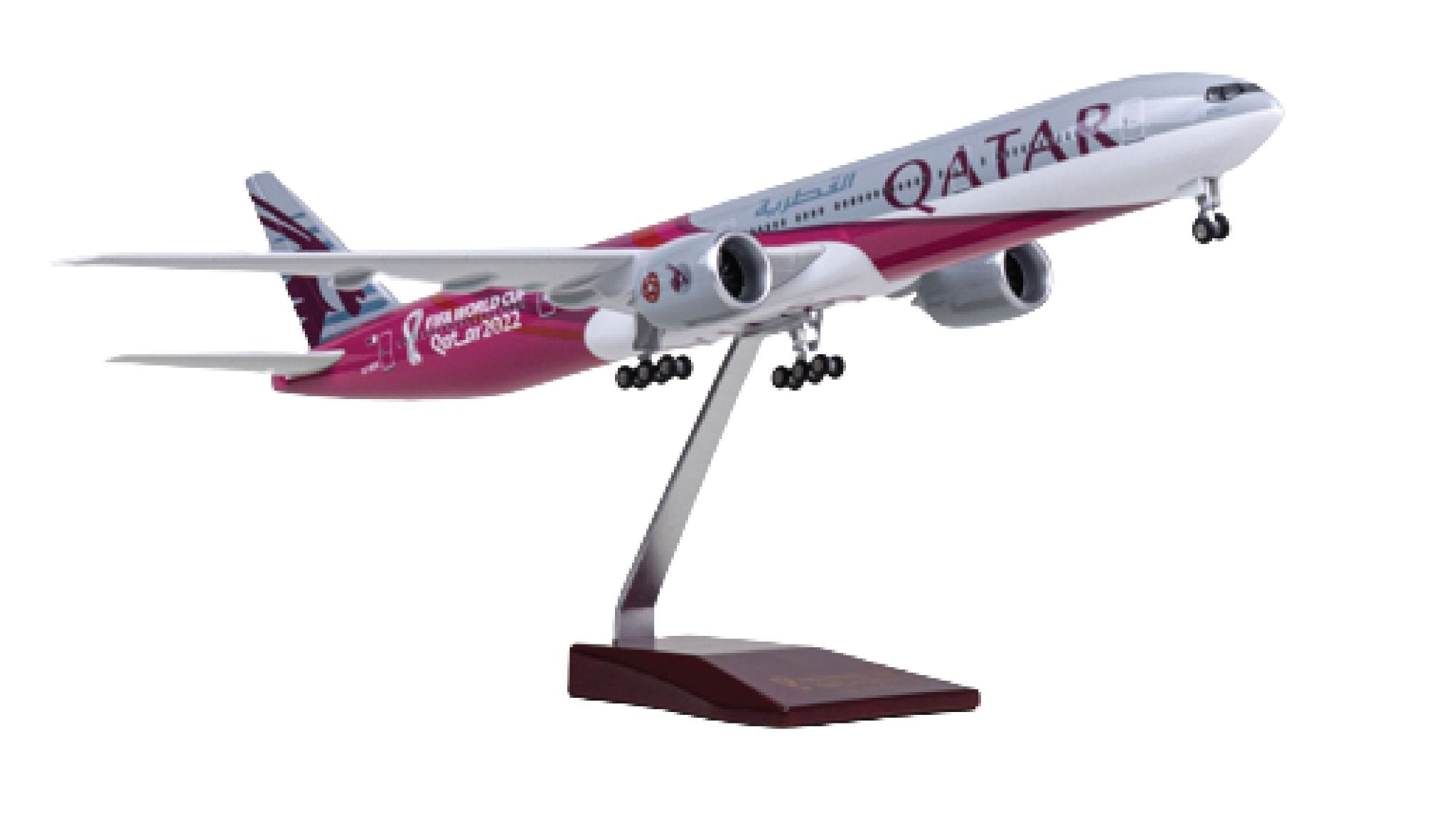 Mô hình máy bay Qatar Boeing B777 Fifa World cup WC 2022 47cm 1:157 có đèn led tự động theo tiếng vỗ tay hoặc chạm MB47017