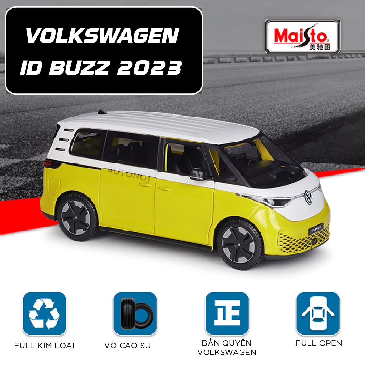 Mô hình xe ô tô điện ID. Buzz Volkswagen mở 2 cửa và cốp sau tỉ lệ 1:24 Maisto OT535