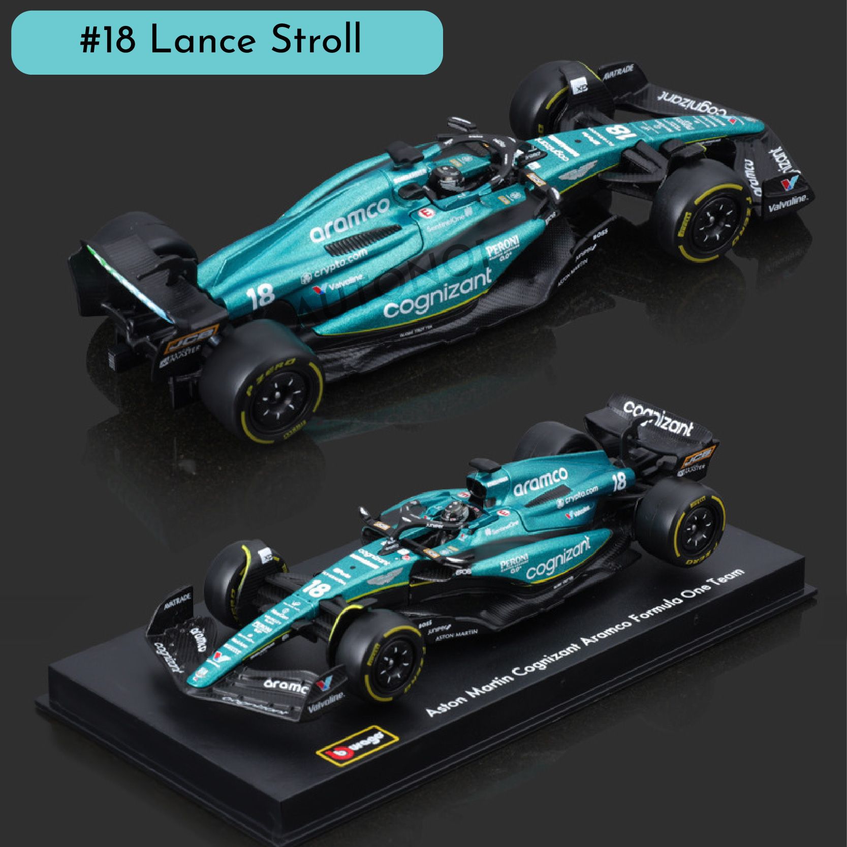 Mô hình xe đua F1 Formula Aston Martin 2023 AMR23 hộp mica có figure tỉ lệ 1:43 Bburago OT43002 18-38091