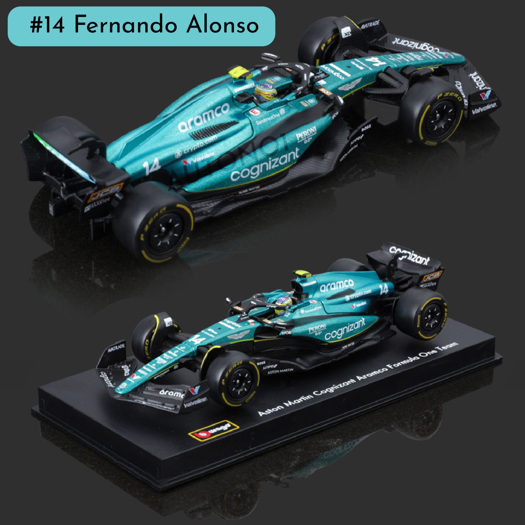 Mô hình xe đua F1 Formula Aston Martin 2023 AMR23 hộp mica có figure tỉ lệ 1:43 Bburago OT43002 18-38091