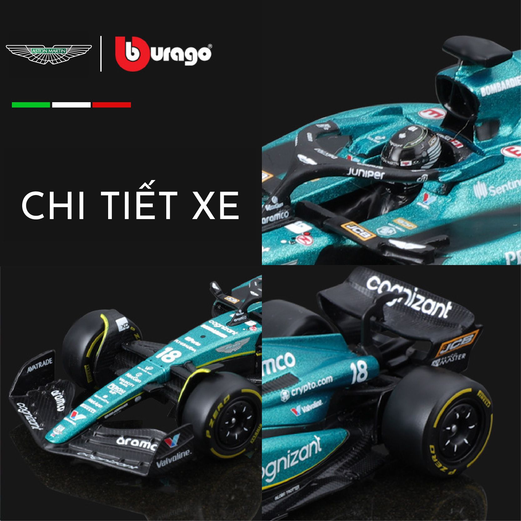 Mô hình xe đua F1 Formula Aston Martin 2023 AMR23 hộp mica có figure tỉ lệ 1:43 Bburago OT43002 18-38091