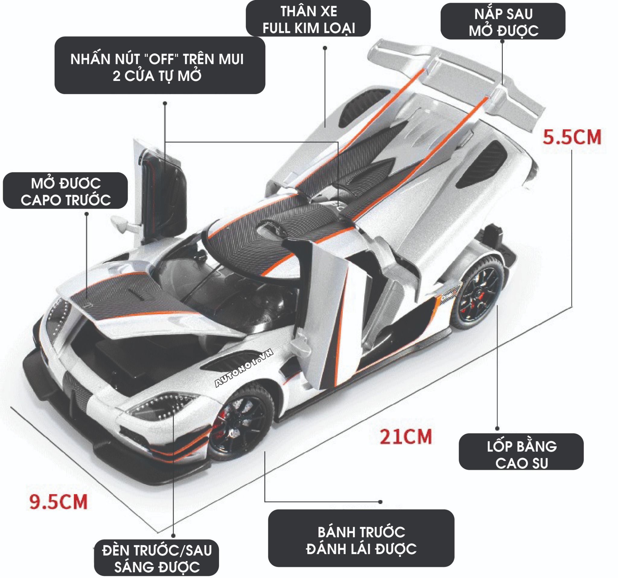 Mô hình xe ô tô Koenigsegg One:1 mở full open - đánh lái được tỉ lệ 1:24 Newao OT313