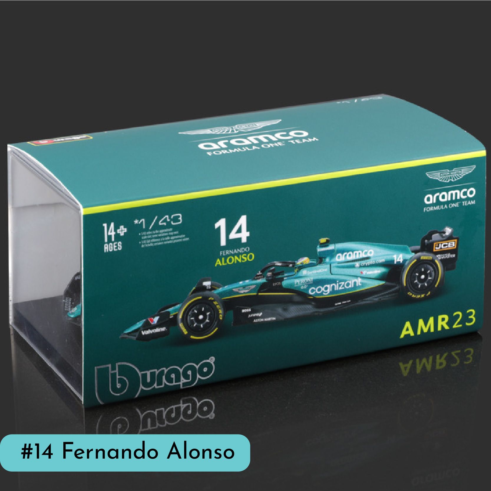 Mô hình xe đua F1 Formula Aston Martin 2023 AMR23 hộp mica có figure tỉ lệ 1:43 Bburago OT43002 18-38091