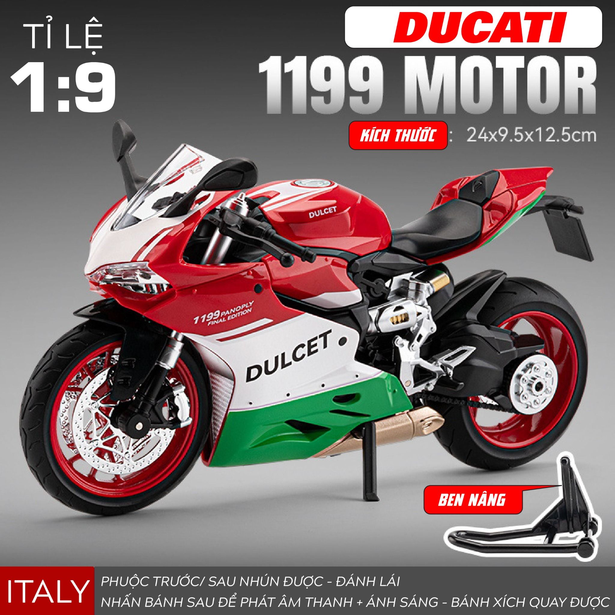 Mô hình xe Ducati 1199 đi kèm ben nâng - có phuộc nhún trước và sau - có đèn và âm thanh tỉ lệ 1:9 Alloy model MT09009