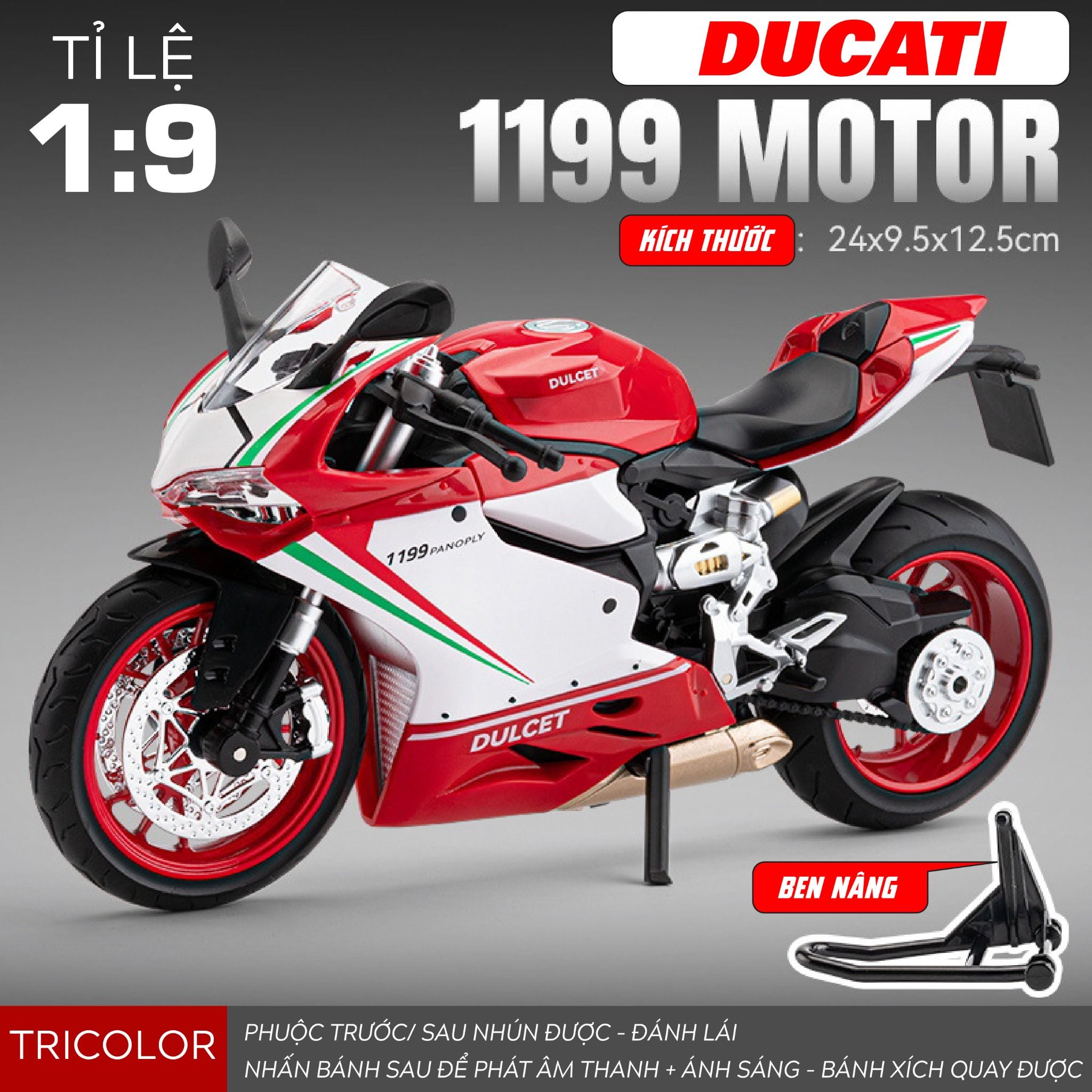 Mô hình xe Ducati 1199 đi kèm ben nâng - có phuộc nhún trước và sau - có đèn và âm thanh tỉ lệ 1:9 Alloy model MT09009