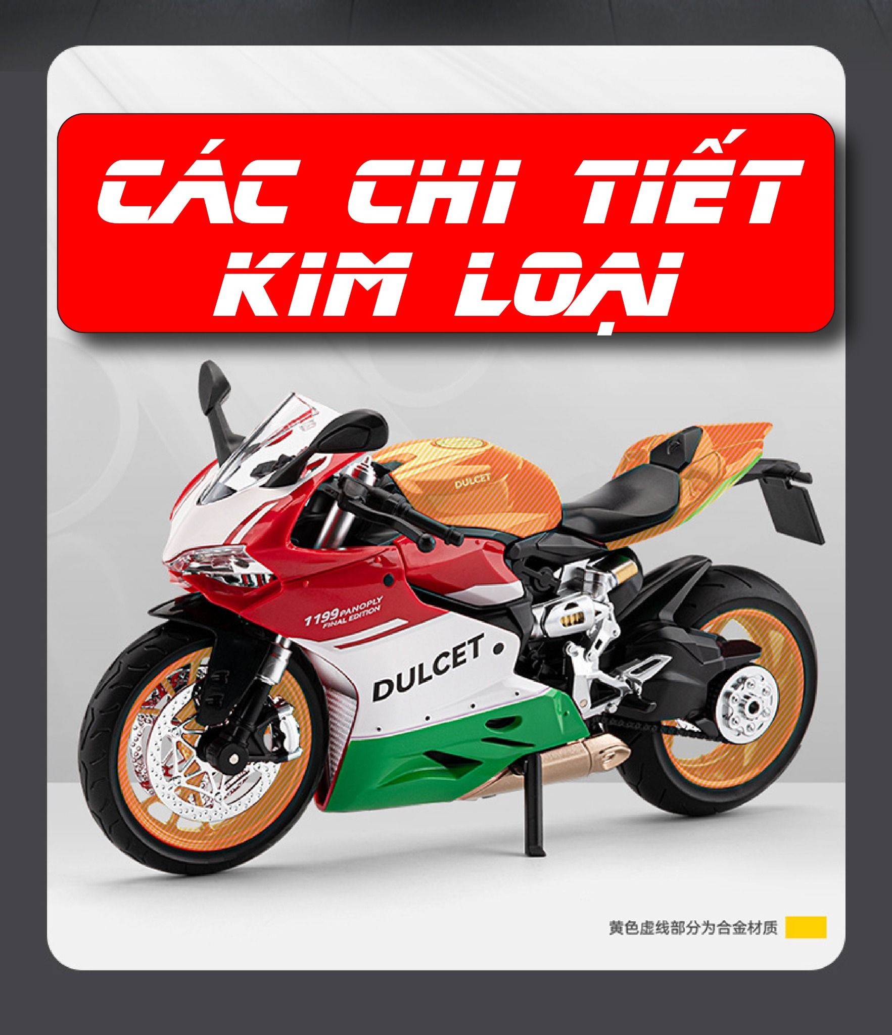 Mô hình xe Ducati 1199 đi kèm ben nâng - có phuộc nhún trước và sau - có đèn và âm thanh tỉ lệ 1:9 Alloy model MT09009