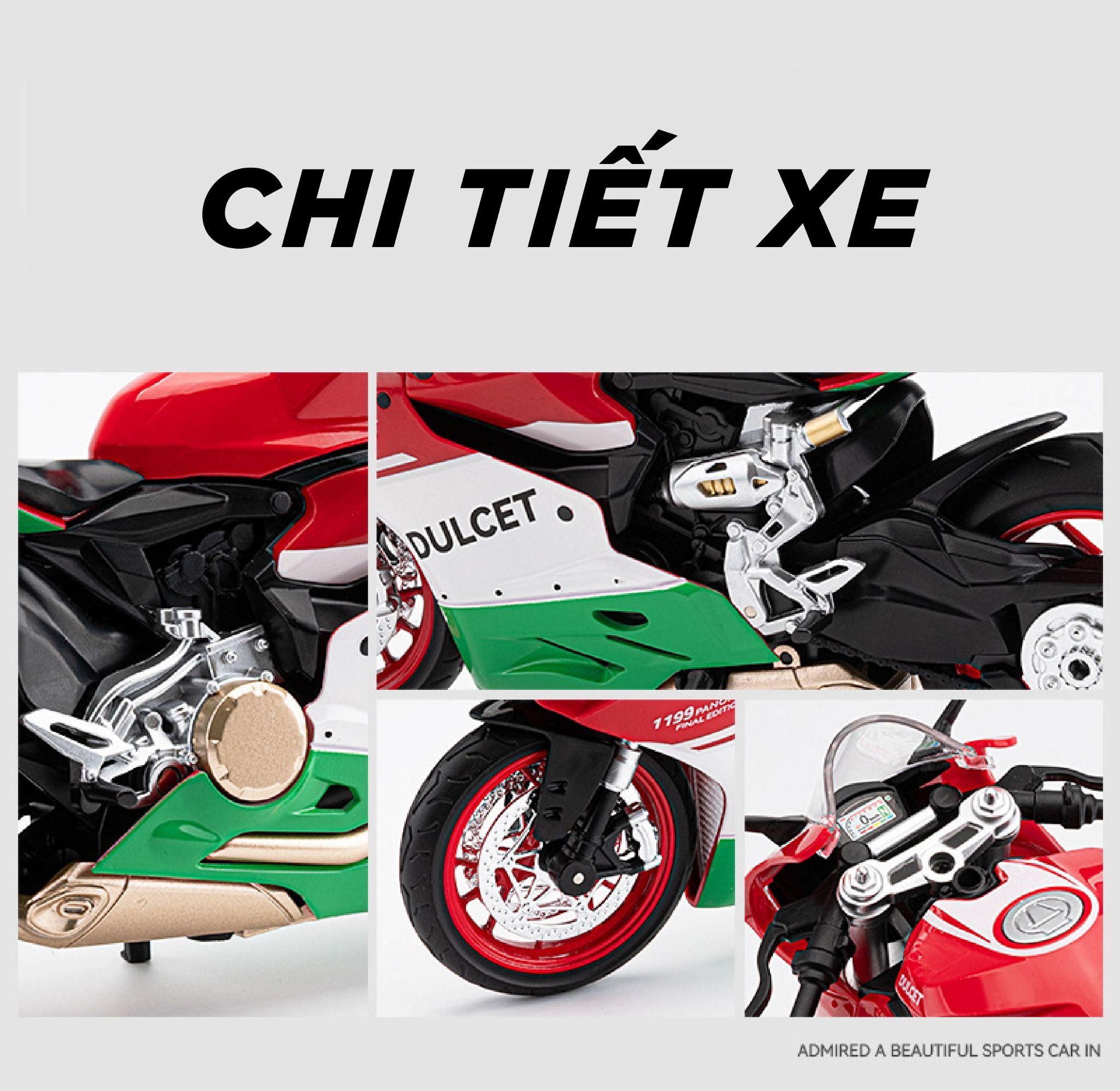 Mô hình xe Ducati 1199 đi kèm ben nâng - có phuộc nhún trước và sau - có đèn và âm thanh tỉ lệ 1:9 Alloy model MT09009