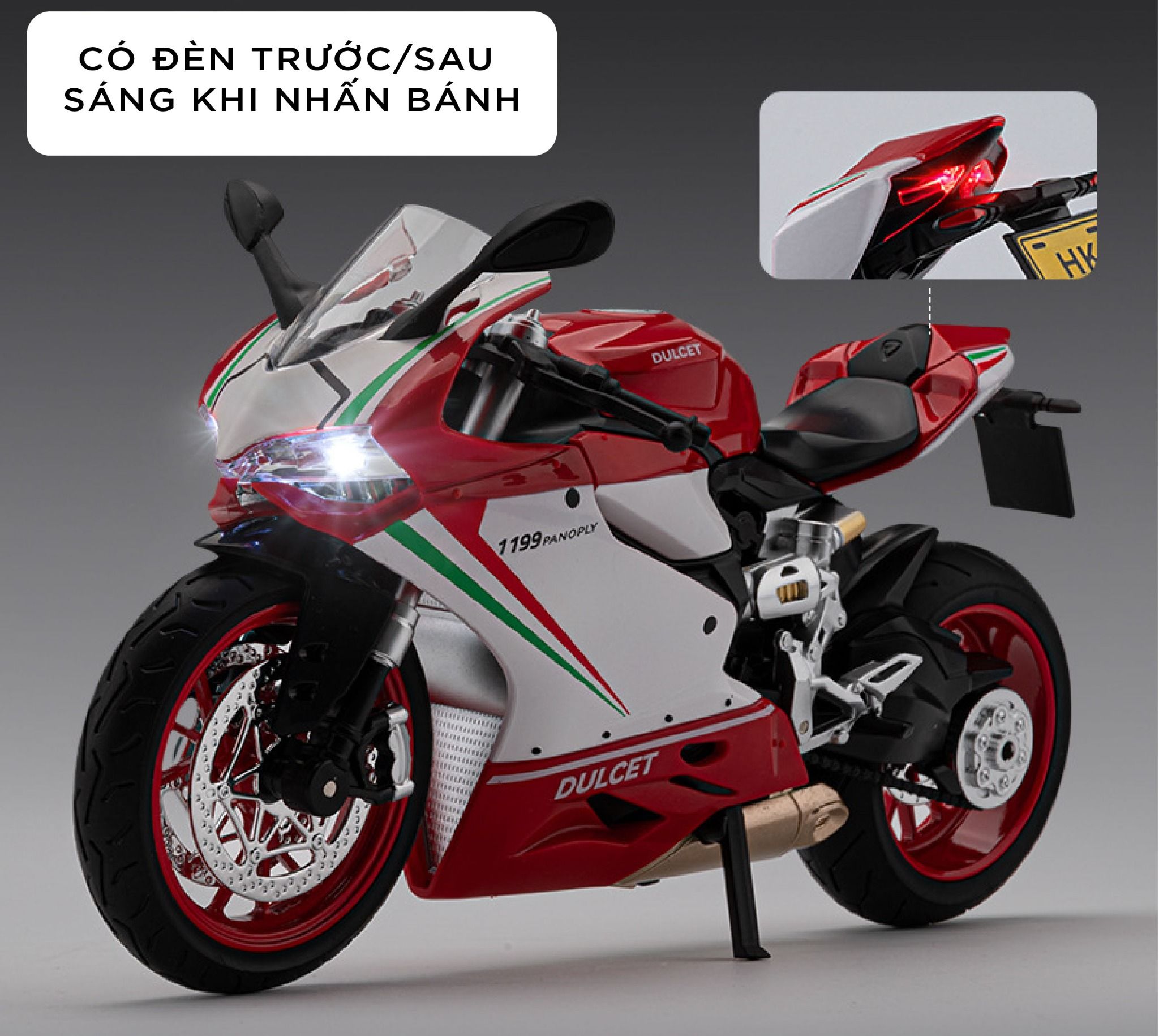 Mô hình xe Ducati 1199 đi kèm ben nâng - có phuộc nhún trước và sau - có đèn và âm thanh tỉ lệ 1:9 Alloy model MT09009