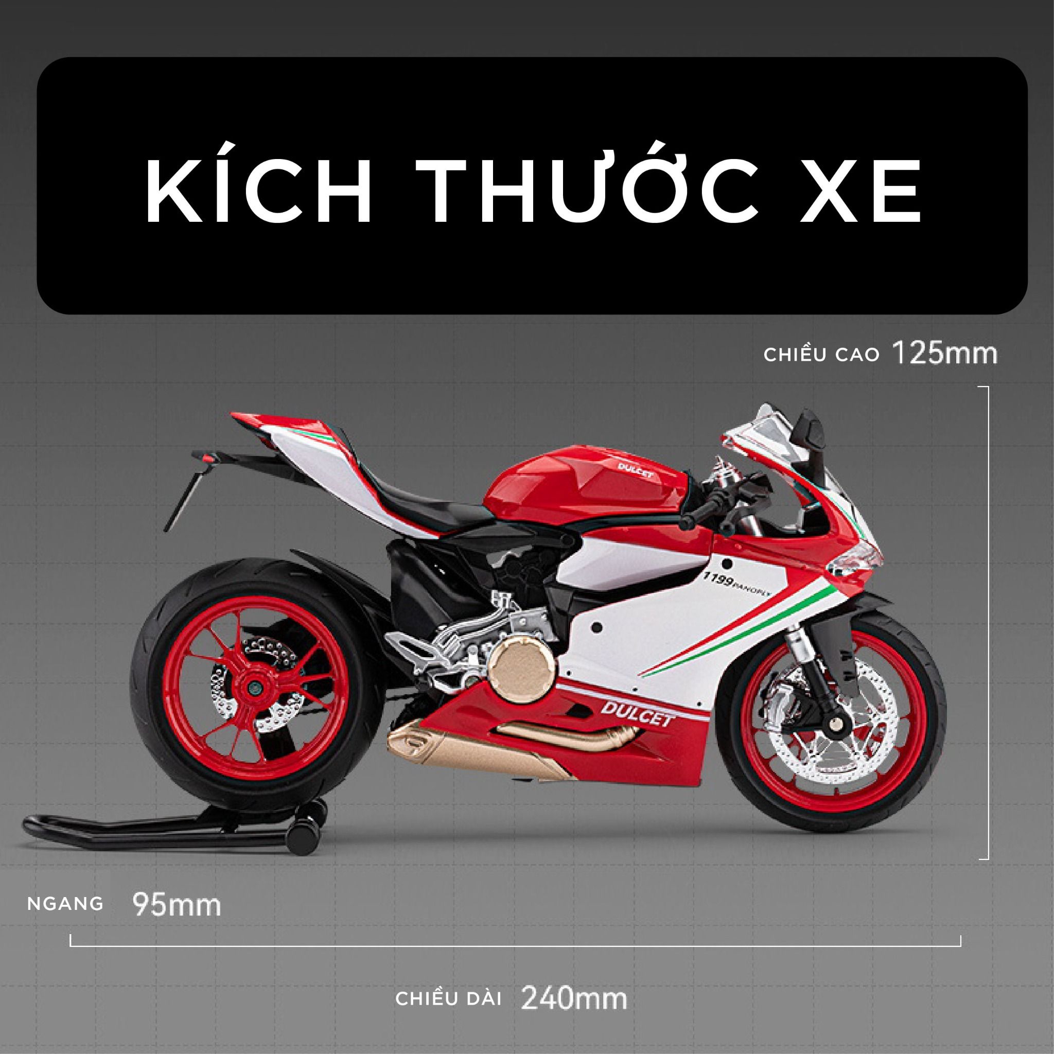 Mô hình xe Ducati 1199 đi kèm ben nâng - có phuộc nhún trước và sau - có đèn và âm thanh tỉ lệ 1:9 Alloy model MT09009