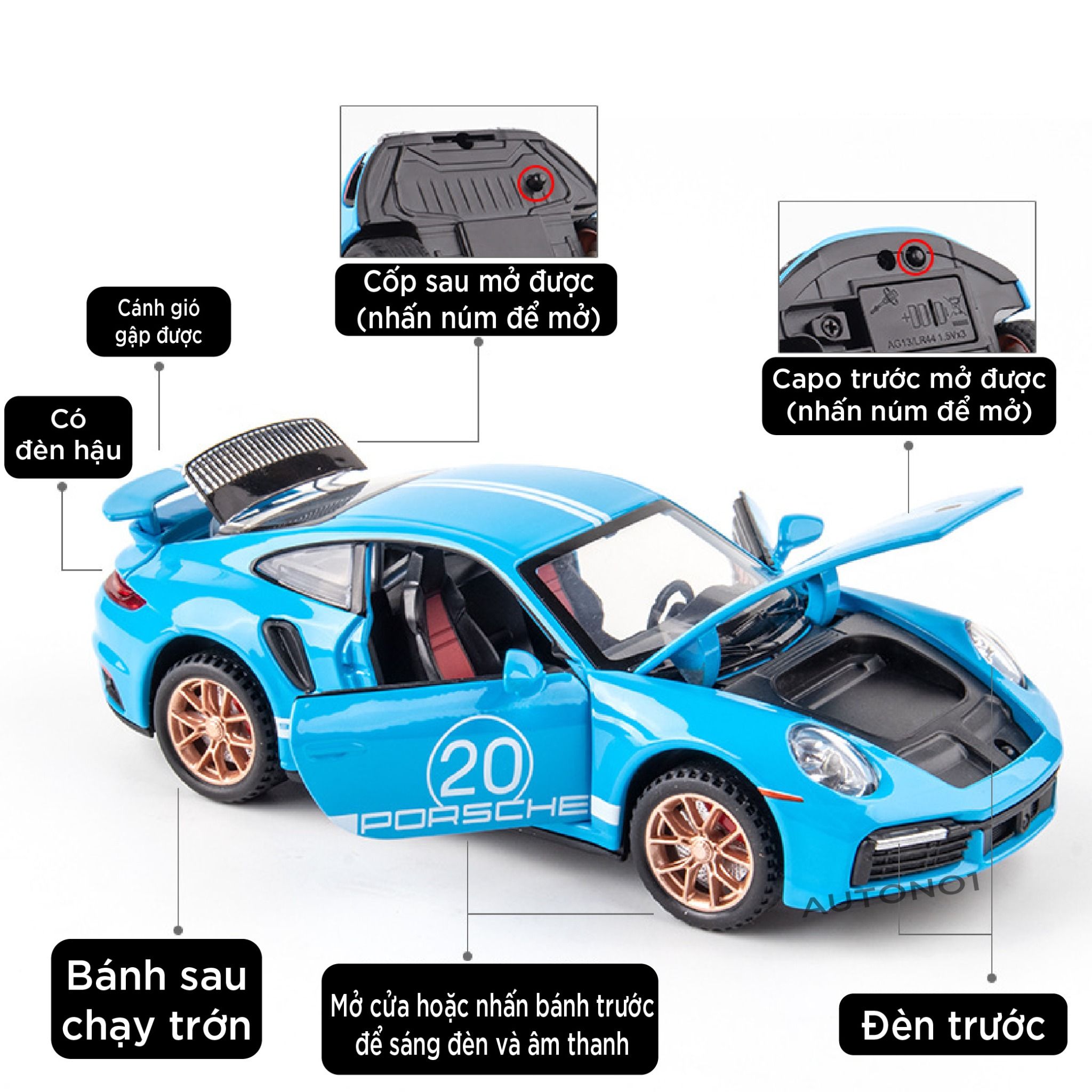 Mô hình xe Porsche 911 Turbo S full open , có đèn và âm thanh tỉ lệ 1:32 Miniauto OT32035