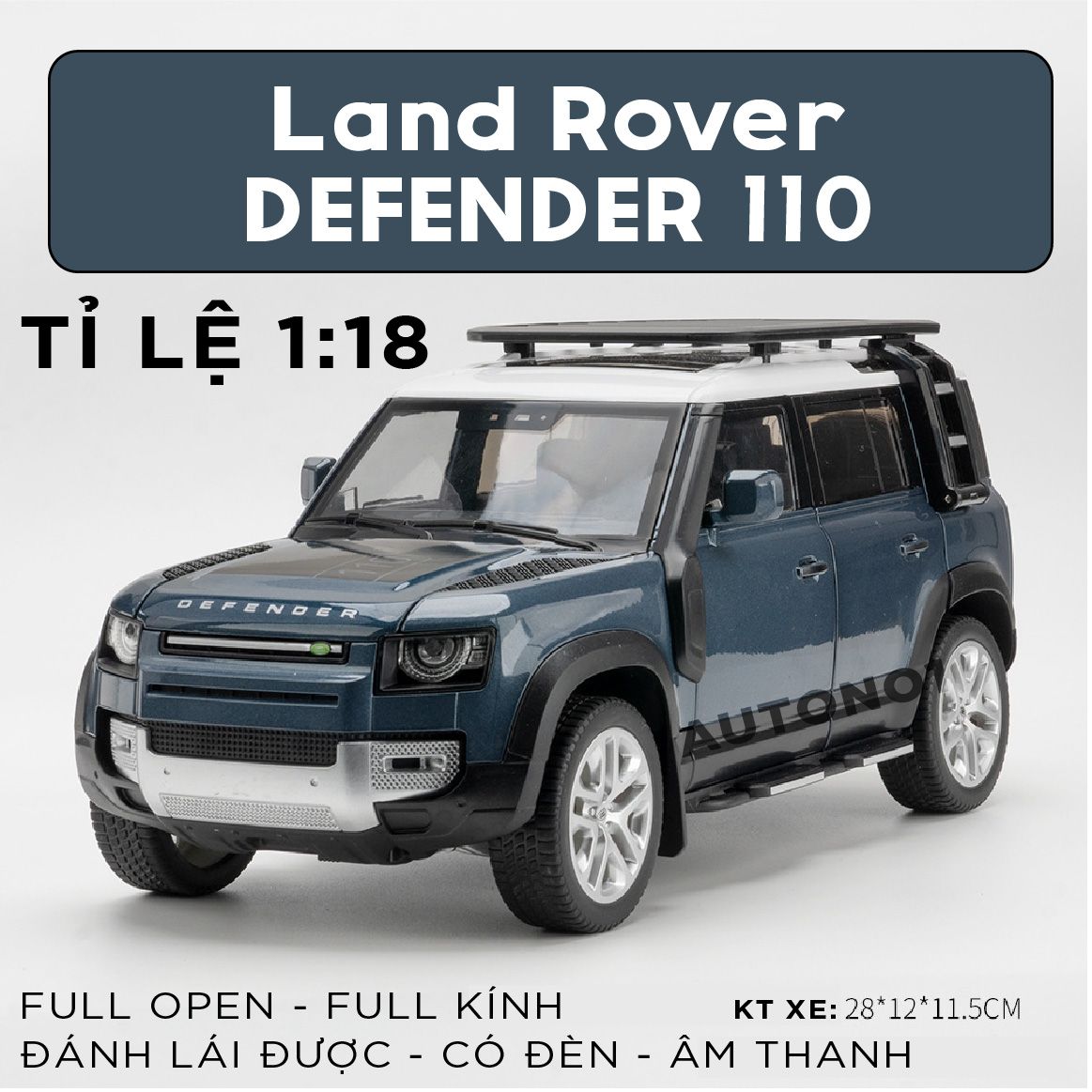 Mô hình xe Land Rover Defender 110 Full open - full kính - đánh lái được - có đèn - âm thanh tỉ lệ 1:18 Alloy Model OT047