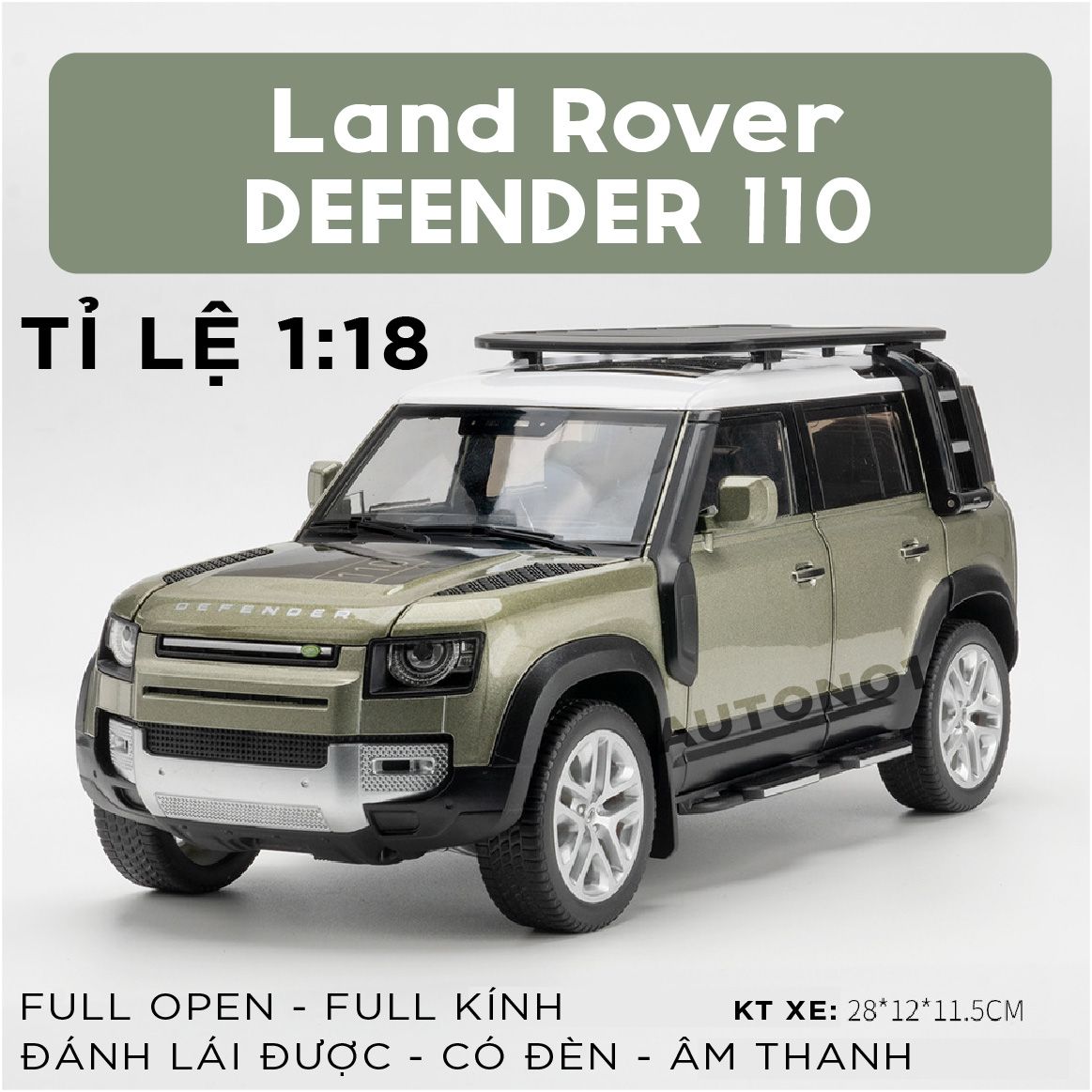 Mô hình xe Land Rover Defender 110 Full open - full kính - đánh lái được - có đèn - âm thanh tỉ lệ 1:18 Alloy Model OT047