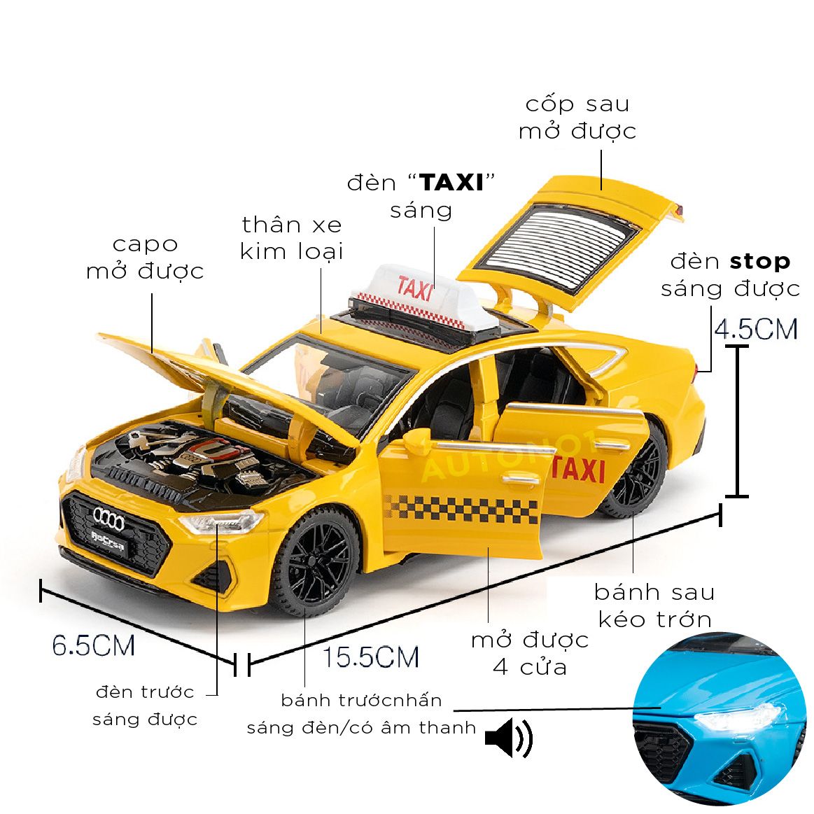 Mô hình xe ô tô dịch vụ taxi Audi RS7 super sport full open - có đèn - âm thanh tỉ lệ 1:32 Chimei model OT521