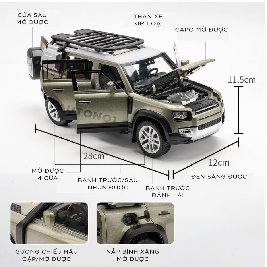 Mô hình xe Land Rover Defender 110 Full open - full kính - đánh lái được - có đèn - âm thanh tỉ lệ 1:18 Alloy Model OT047