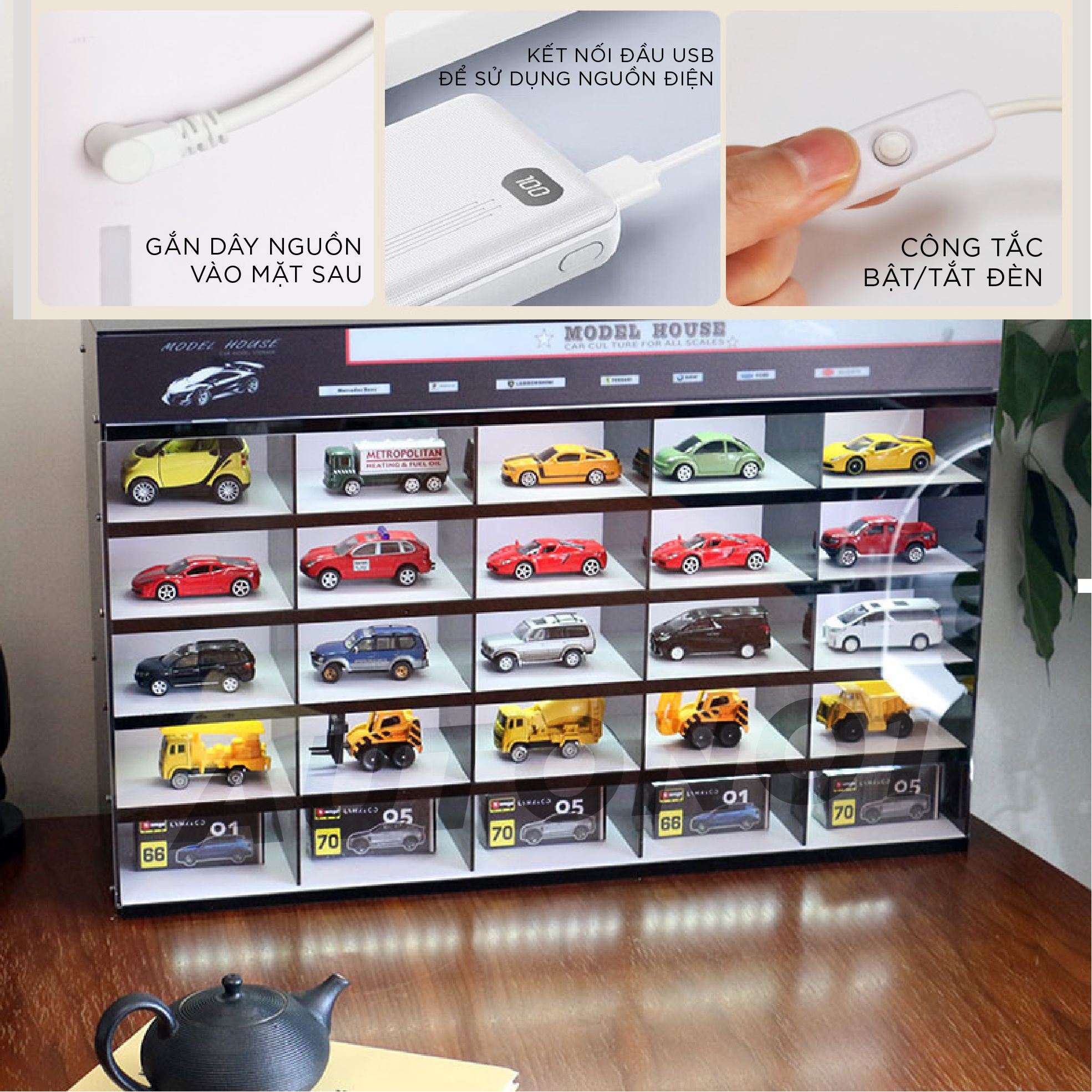Hộp mica PVC trưng bày cho xe mô hình có đèn mỗi tầng tỉ lệ 1:64 PK475