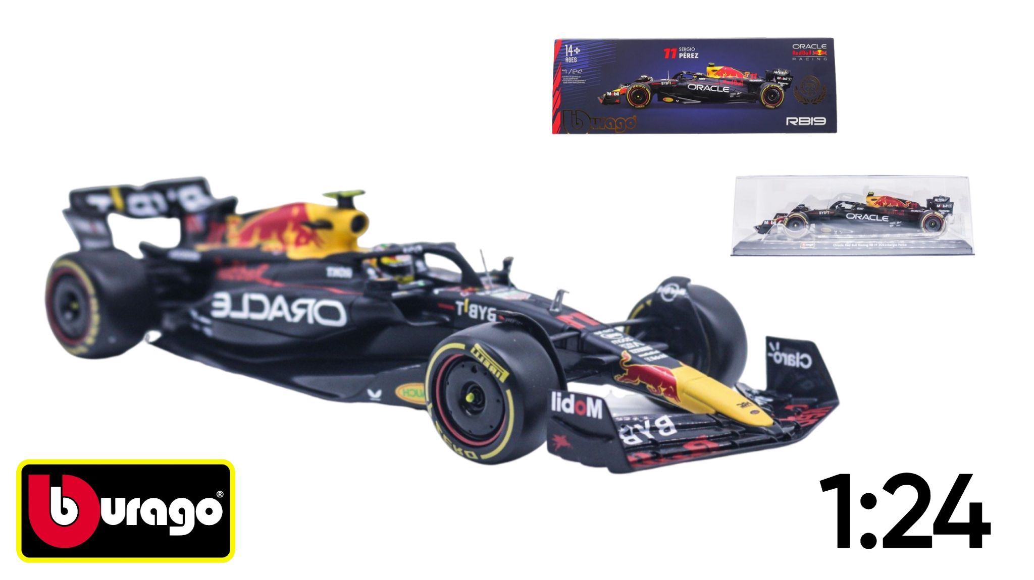 Mô hình xe đua F1 Redbull GP 2023 RB19 hộp mica có figure tỉ lệ 1:24 Bburago OT348