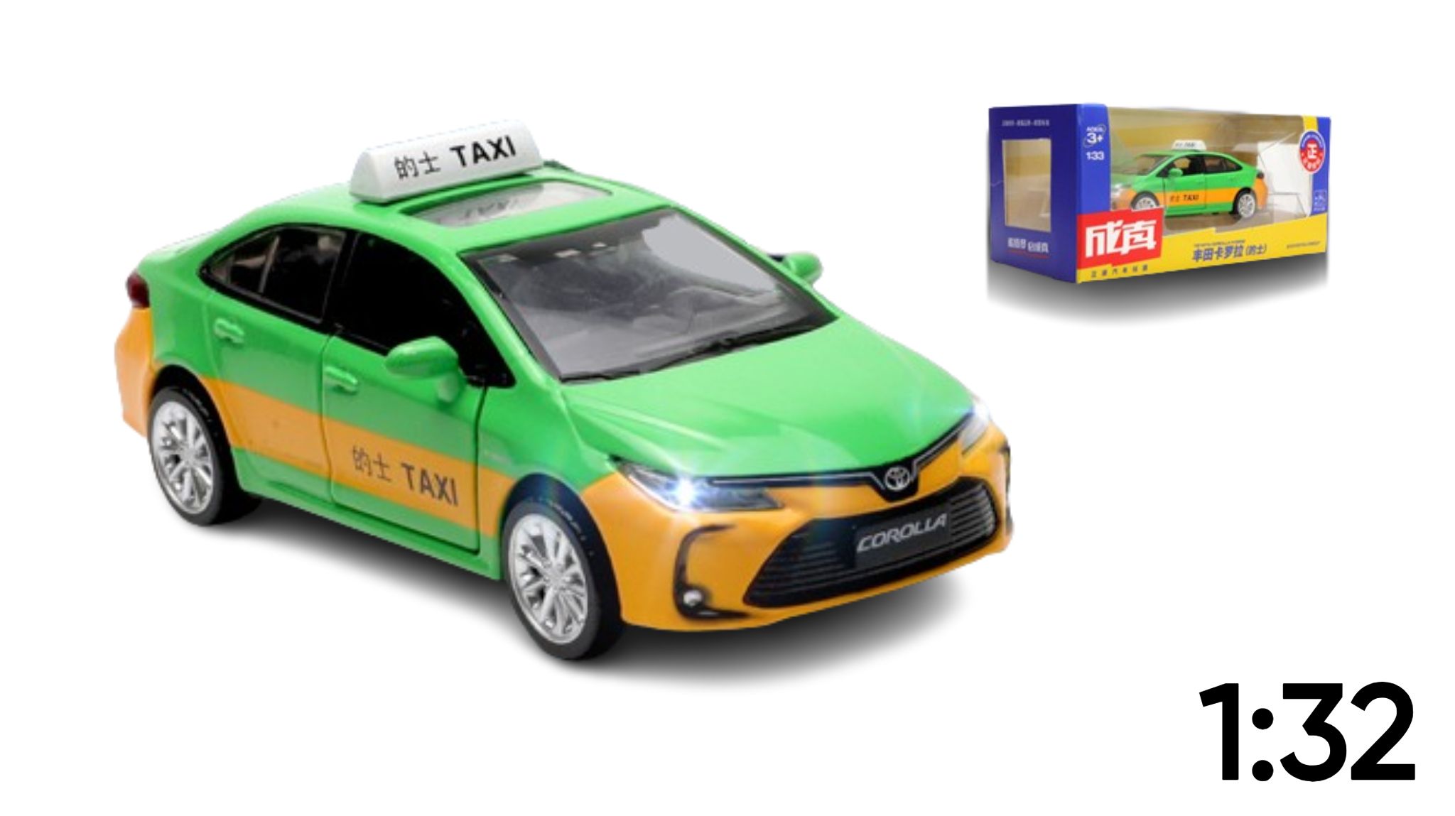 Mô hình xe độ dịch vụ Taxi Toyota Corolla Altis Sài Gòn Hoàng Long có đèn có âm thanh tỉ lệ 1:32 Alloy OT368