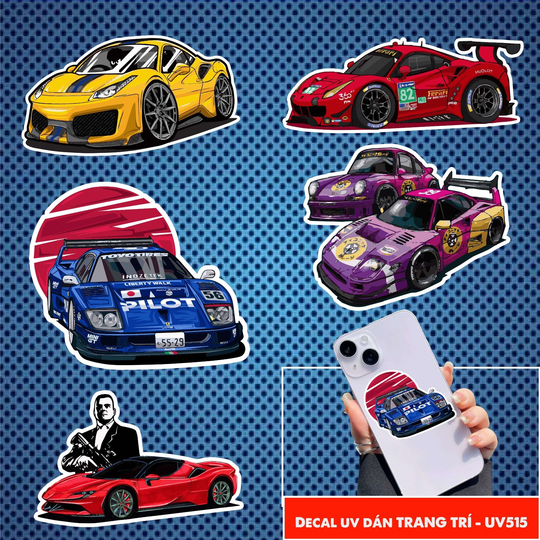 Decal UV Ferrari trang trí mô hình - điện thoại - laptop - máy tính - nón - ly - chống uv kích thước 5 x 5cm Autono1 UV515