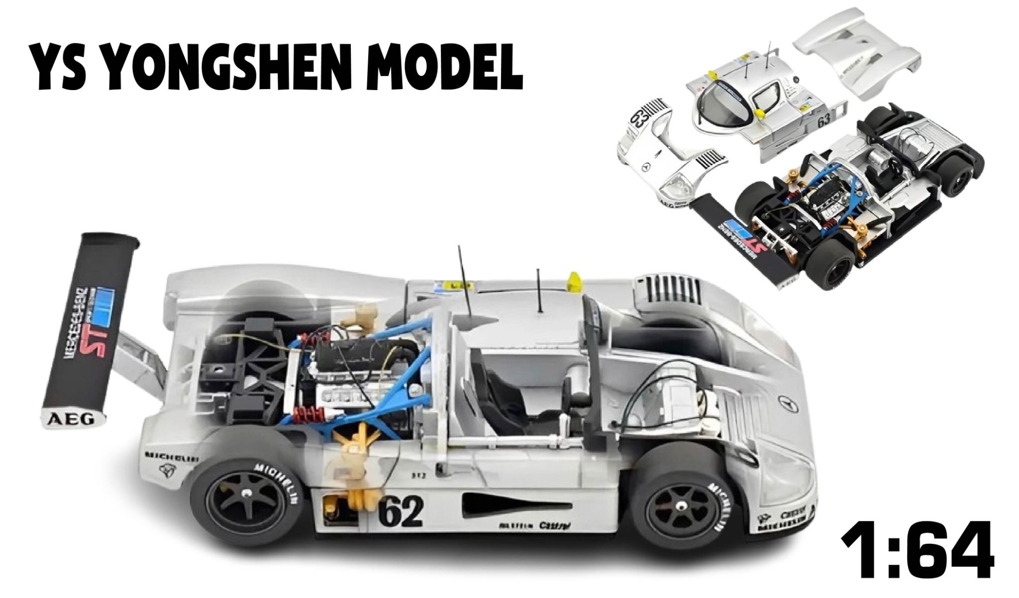 Mô hình xe Zauber Mercedes C9 1989ru* man No.991 hpi-racing Sauber Mercedes Le Mans Winner tỉ lệ 1:64 YS Yongshen model OT64411