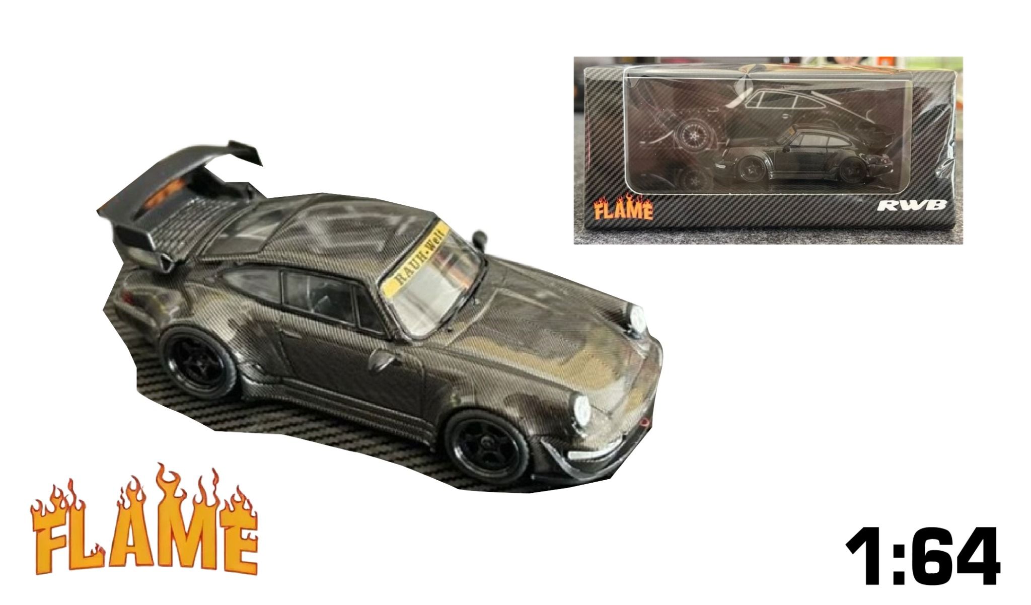 Mô hình xe Porsche 964 Rauh welt RWB full carbon + đế carbon tỉ lệ 1:64 Flame model OT64251