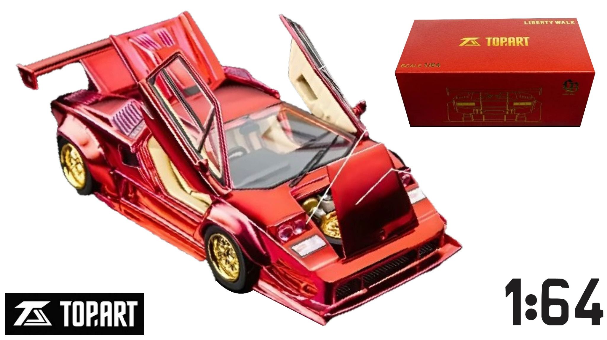 Mô hình xe Lamborghini Countach LBWK Chrome red Special Edition 2025 HEC Beijing limited 1000pcs full open tỉ lệ 1:64 Topart OT64288