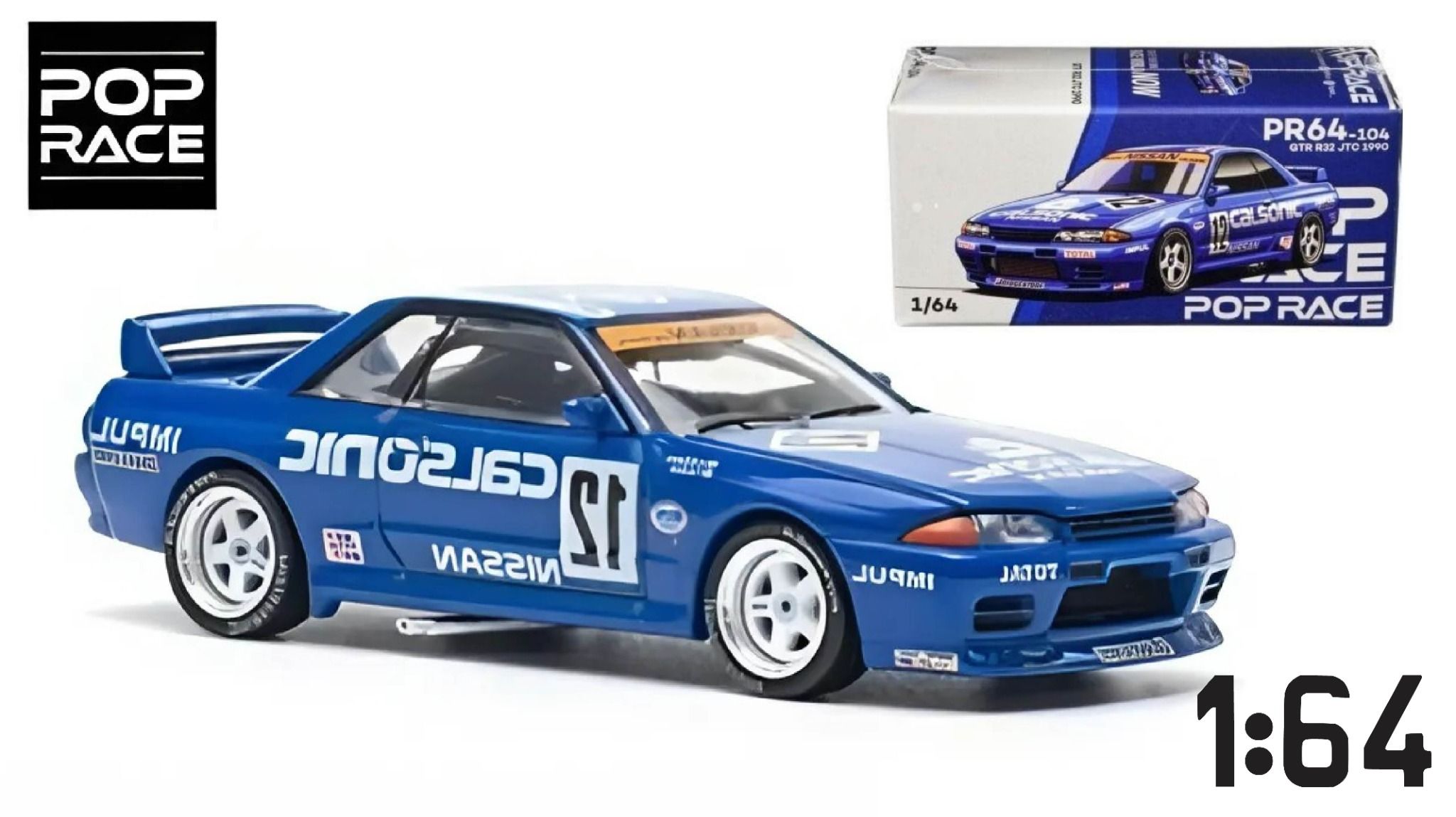 Mô hình xe Nissan GTR R32 JTC 1990 Calsonic Blue mở capo - mở cốp tỉ lệ 1:64 Poprace PR640104