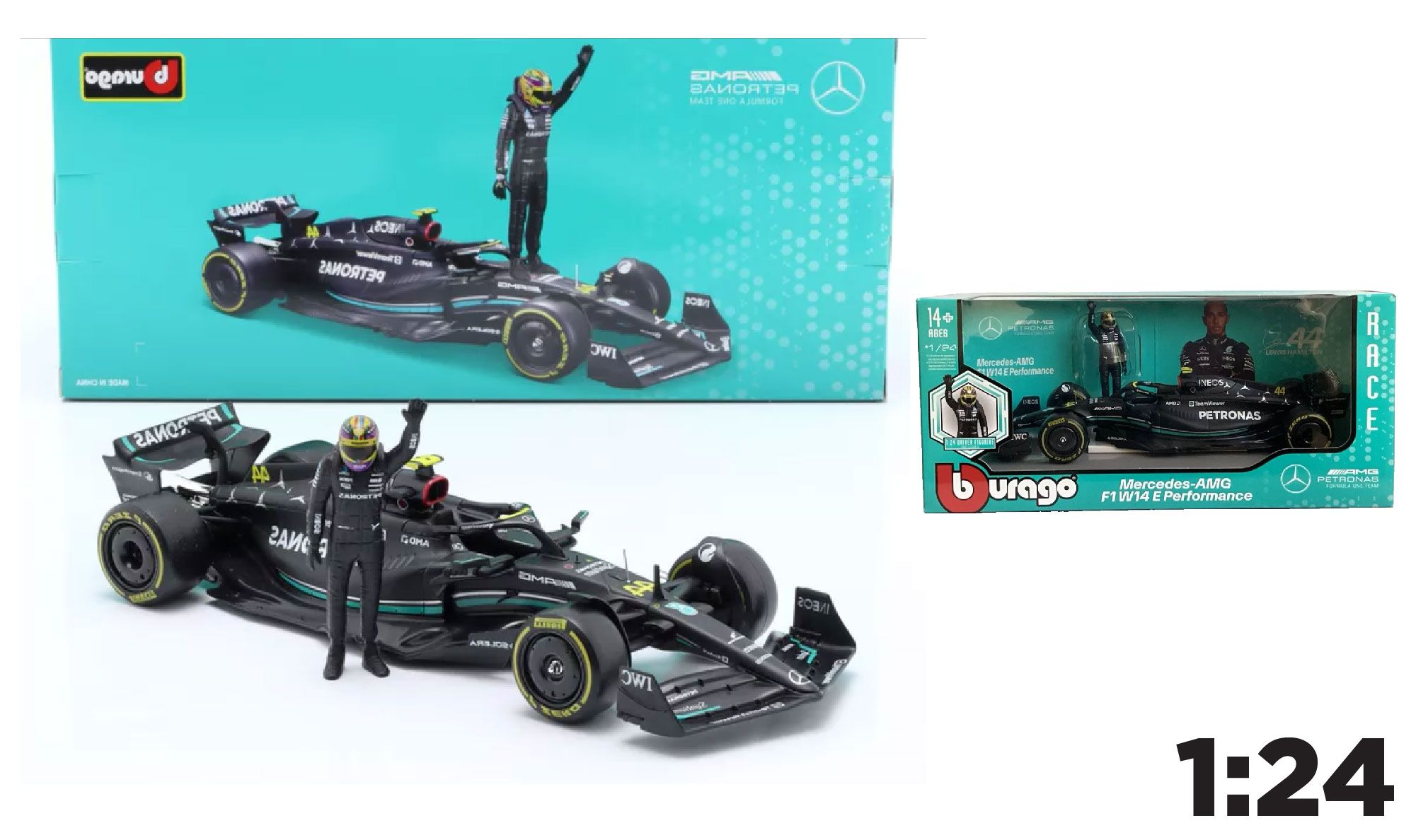 Mô hình xe đua F1 Formula Mercedes Benz Petronas 2023 W14 có figure rời tỉ lệ 1:24 Bburago 18-28037 OT24059