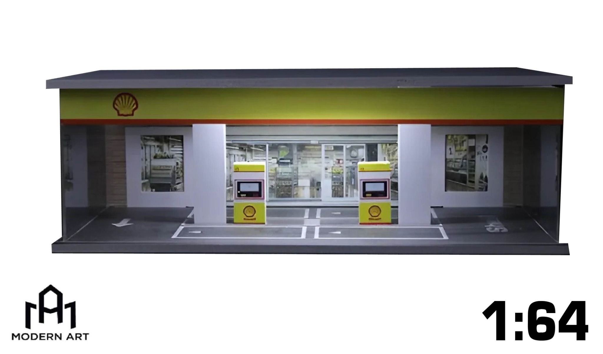 Hộp trưng bày mô phỏng trạm xăng - dầu Shell Oild có đèn - mica bảo vệ tỉ lệ 1:64 MoreArt MO914505